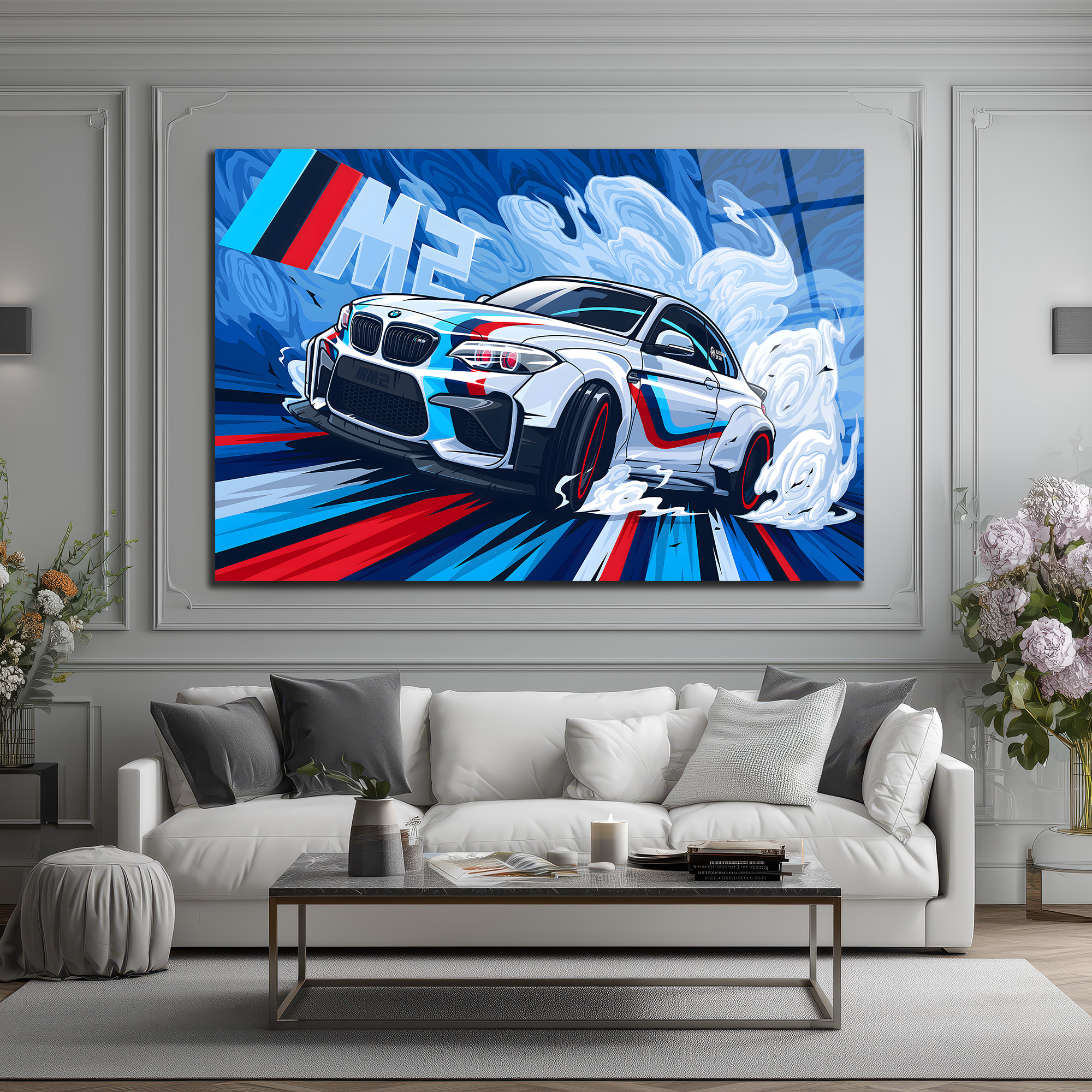 Dinamik BMW M2 Drift Spor Araba Cam Tablo Duvar Dekoru Dinamik BMW M2 Drift Spor Araba Cam Tablo