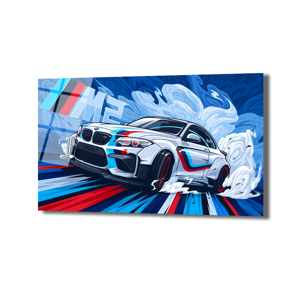 Dinamik BMW M2 Drift Spor Araba Cam Tablo Duvar Dekoru Beyaz bir BMW M2 spor arabanın mavi, kırmızı ve siyah detaylarla dinamik bir drift anını gösteren, duman efektleriyle çevrili, modern grafik tarzında cam tablo. Arka planda hareket hissi veren mavi tonlar ve M2 logosu bulunuyor.