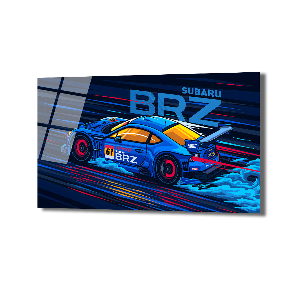 Adrenalin Dolu Subaru BRZ Yarış Arabası Cam Tablo Duvar Dekoru Dinamik bir illüstrasyon stilinde çizilmiş, mavi renkli bir Subaru BRZ yarış arabasının hızla ilerlediği, arkasında mavi duman ve kırmızı-sarı hız çizgileri bıraktığı bir cam tablo. Araba üzerinde 'SUBARU BRZ' ve '61' numarası yazılı.