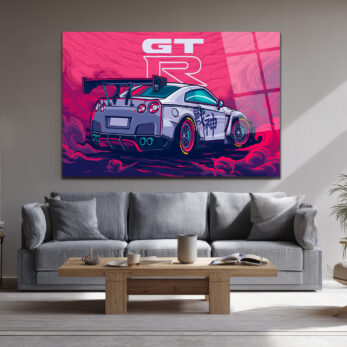Nissan GT-R Efsanesi: Dinamik Pembe Bulutlar Cam Tablo - Glazella