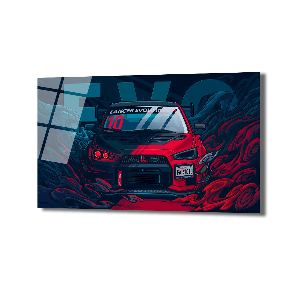 Lancer Evolution X Cam Tablo: Hızın ve Gücün Sanatsal Yansıması Duvar Dekoru Kırmızı ve siyah renklerde, dinamik koyu mavi ve kırmızı girdaplarla çevrili, stilize edilmiş bir Mitsubishi Lancer Evolution X spor araba görseli içeren cam tablo. Aracın ön camında 'Lancer Evolution 10' yazısı ve plakasında 'FAR1013' ibaresi belirgindir. Hız ve modern estetiği bir araya getiren bir sanat eseridir.
