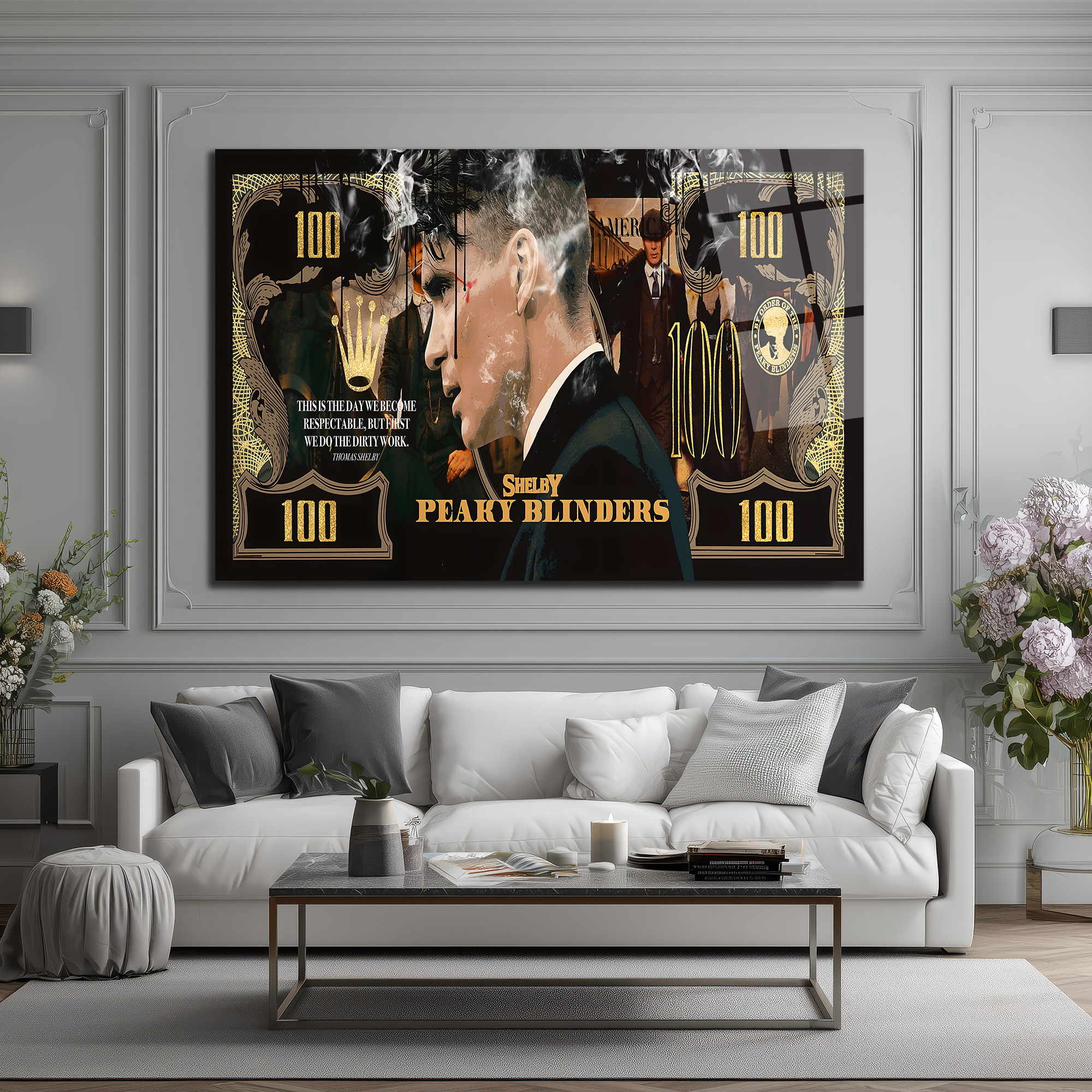 Peaky Blinders Thomas Shelby Banknot Tasarım Cam Tablo Duvar Dekoru Peaky Blinders Thomas Shelby Banknot Tasarım Cam Tablo