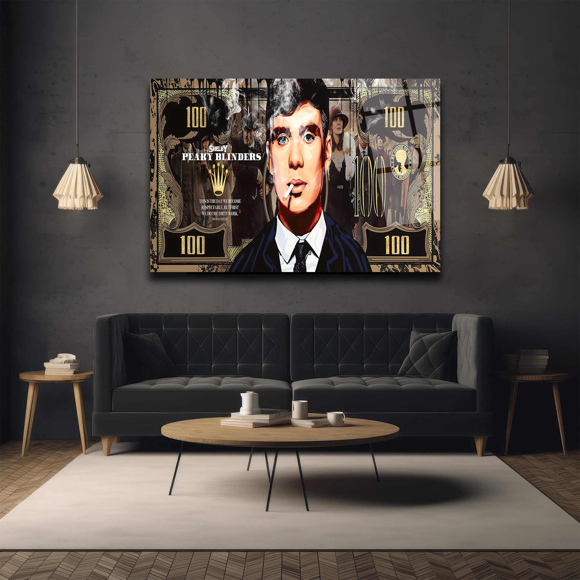 Peaky Blinders Thomas Shelby 100 Dolar Temalı Cam Tablo Duvar Dekoru Peaky Blinders Thomas Shelby 100 Dolar Temalı Cam Tablo