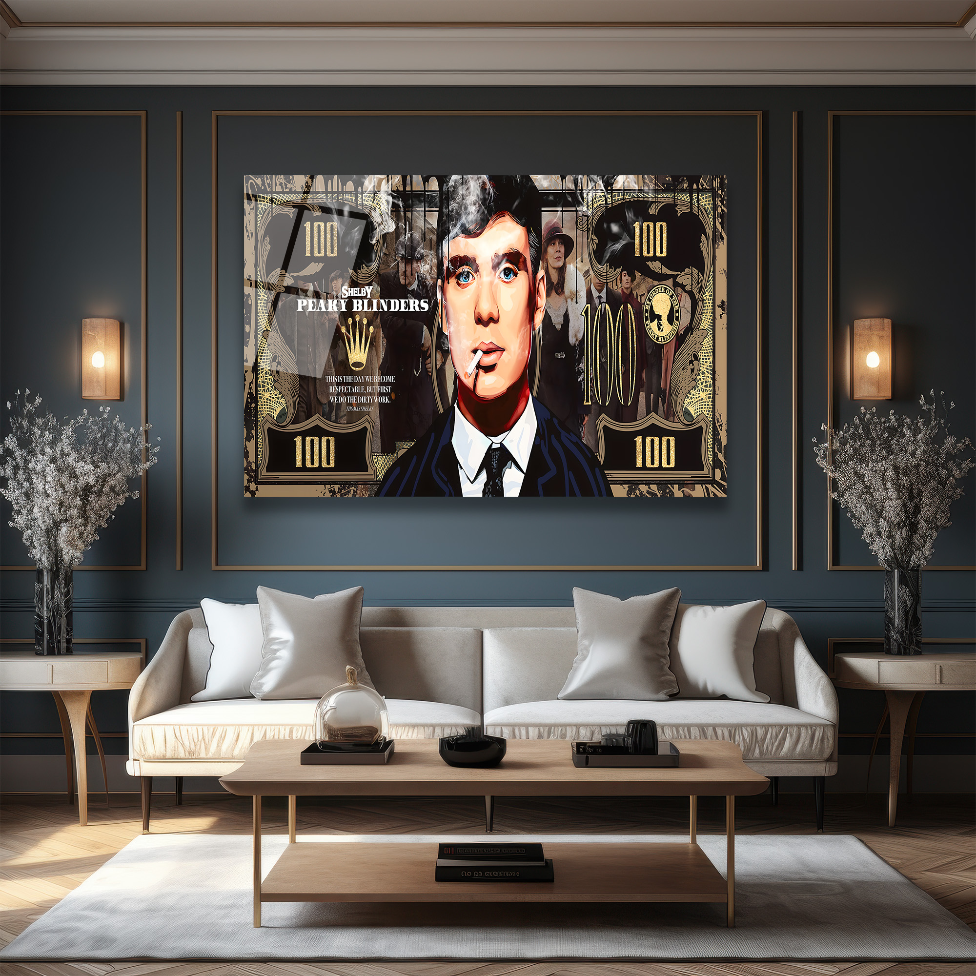 Peaky Blinders Thomas Shelby 100 Dolar Temalı Cam Tablo Duvar Dekoru Peaky Blinders Thomas Shelby 100 Dolar Temalı Cam Tablo