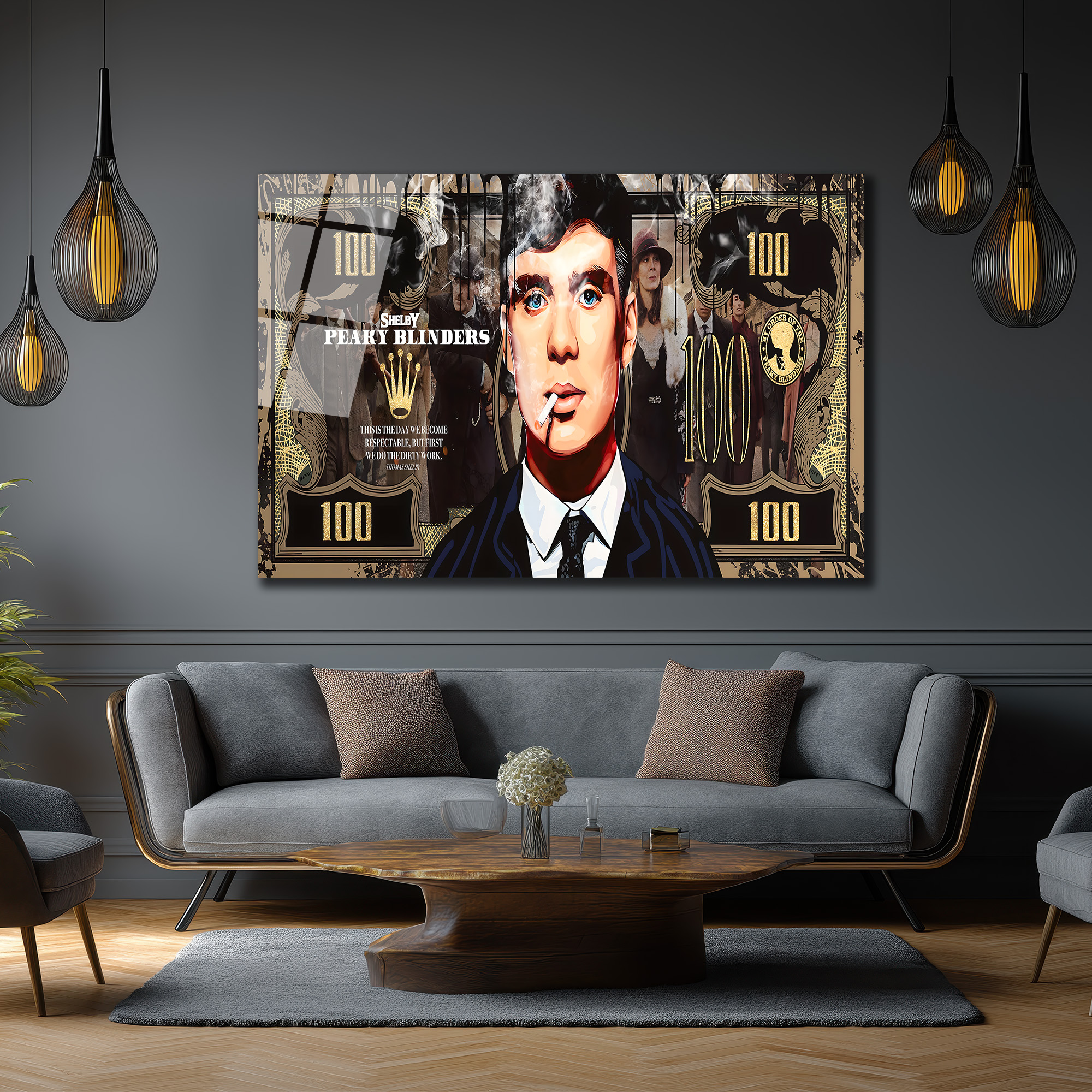 Peaky Blinders Thomas Shelby 100 Dolar Temalı Cam Tablo Duvar Dekoru Peaky Blinders Thomas Shelby 100 Dolar Temalı Cam Tablo