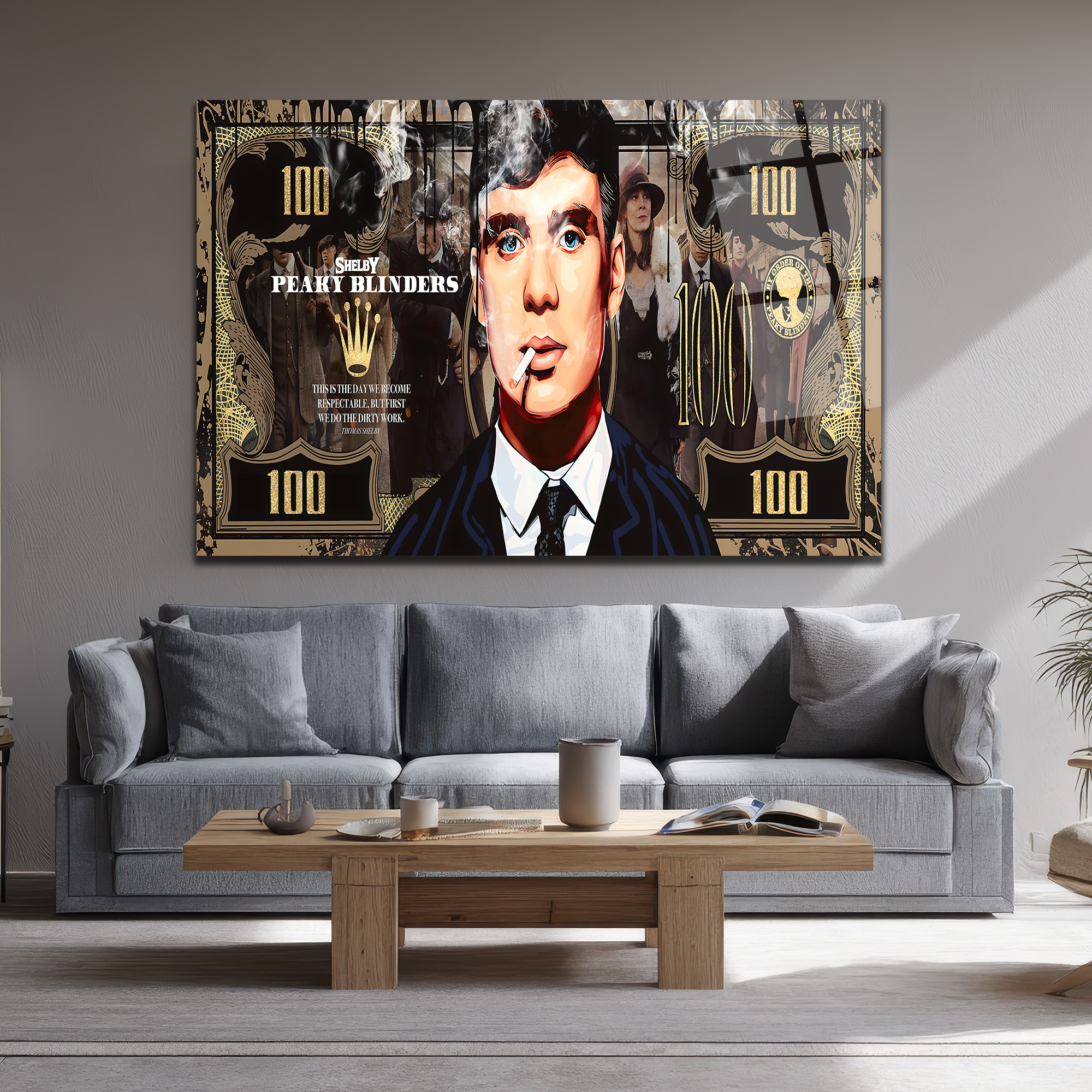 Peaky Blinders Thomas Shelby 100 Dolar Temalı Cam Tablo Duvar Dekoru Peaky Blinders Thomas Shelby 100 Dolar Temalı Cam Tablo