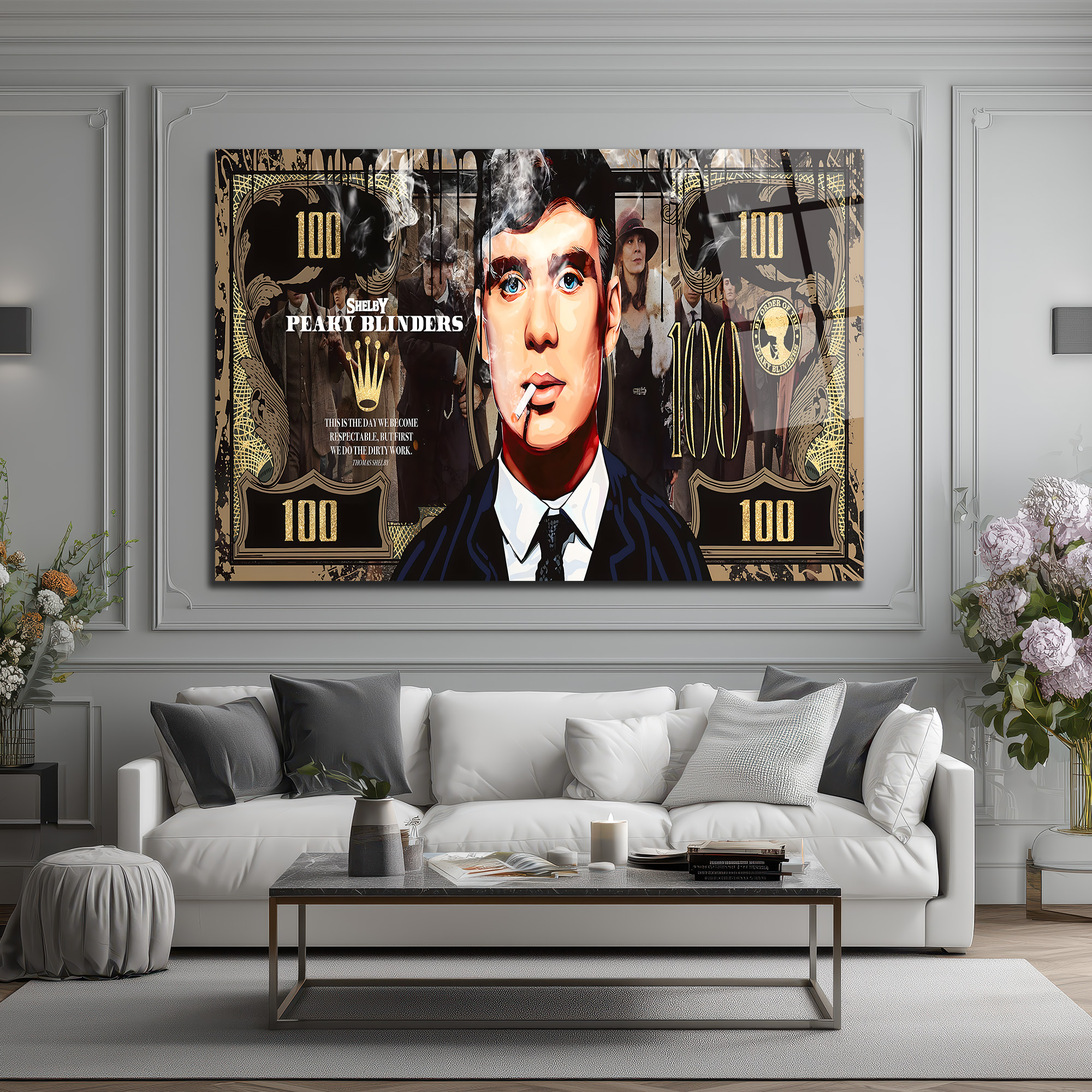 Peaky Blinders Thomas Shelby 100 Dolar Temalı Cam Tablo Duvar Dekoru Peaky Blinders Thomas Shelby 100 Dolar Temalı Cam Tablo