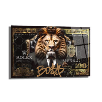 Lüks Aslan Kral Boss$ Temalı Modern Cam Tablo