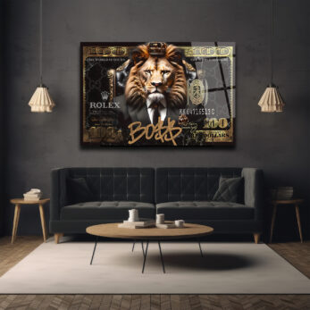 Lüks Aslan Kral Boss$ Temalı Modern Cam Tablo - Glazella