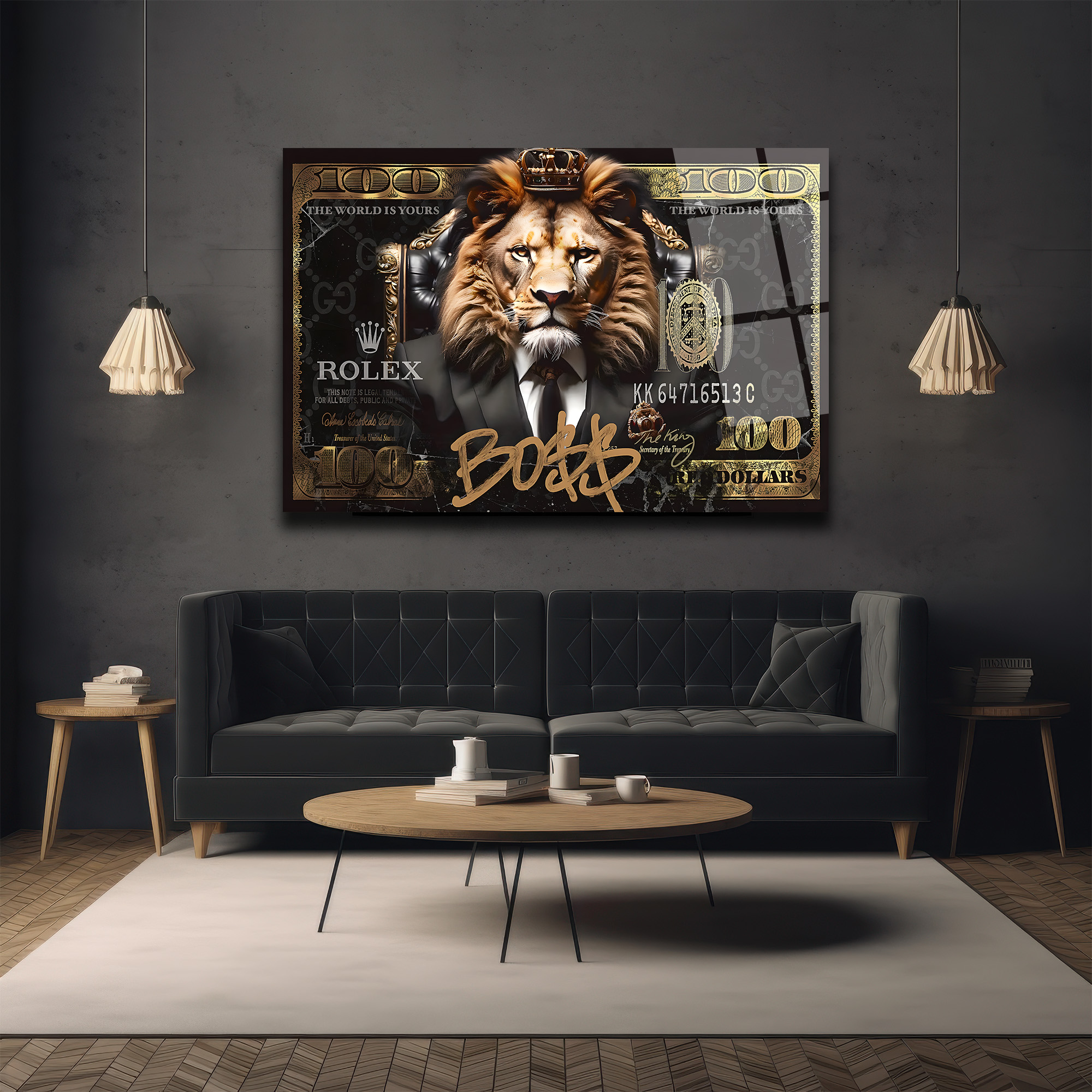 Lüks Aslan Kral Boss$ Temalı Modern Cam Tablo Duvar Dekoru Lüks Aslan Kral Boss$ Temalı Modern Cam Tablo