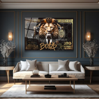 Lüks Aslan Kral Boss$ Temalı Modern Cam Tablo - Glazella