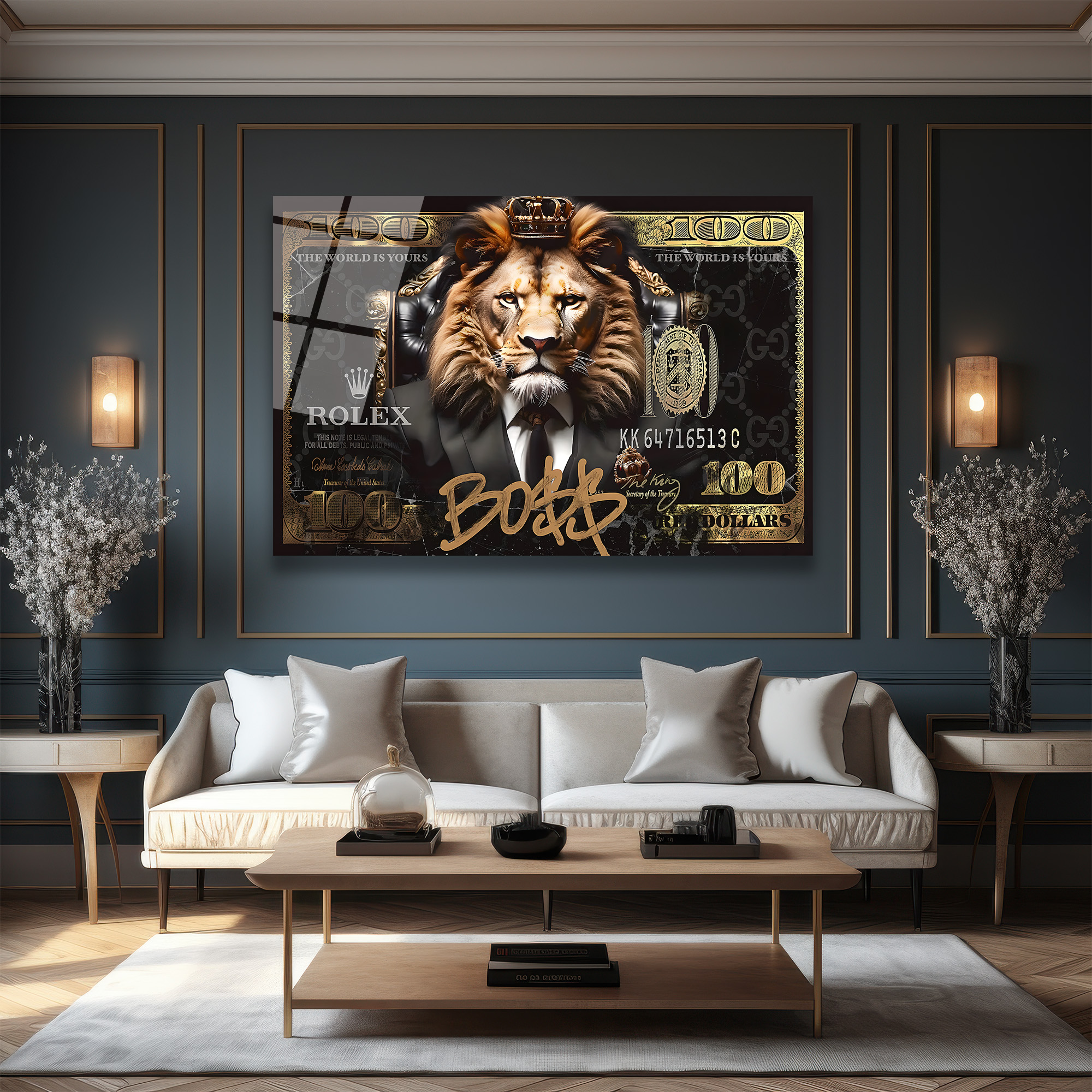 Lüks Aslan Kral Boss$ Temalı Modern Cam Tablo Duvar Dekoru Lüks Aslan Kral Boss$ Temalı Modern Cam Tablo