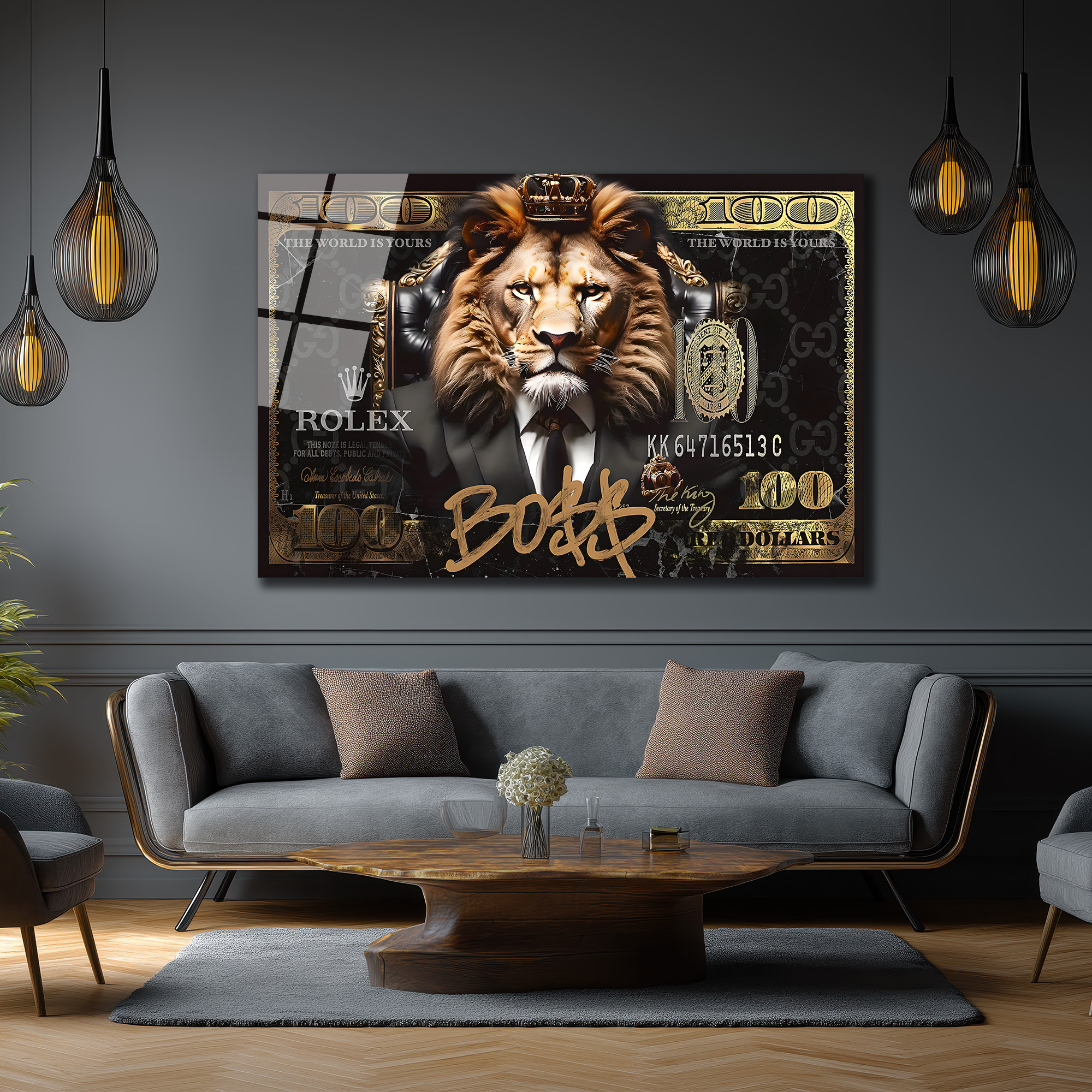 Lüks Aslan Kral Boss$ Temalı Modern Cam Tablo Duvar Dekoru Lüks Aslan Kral Boss$ Temalı Modern Cam Tablo