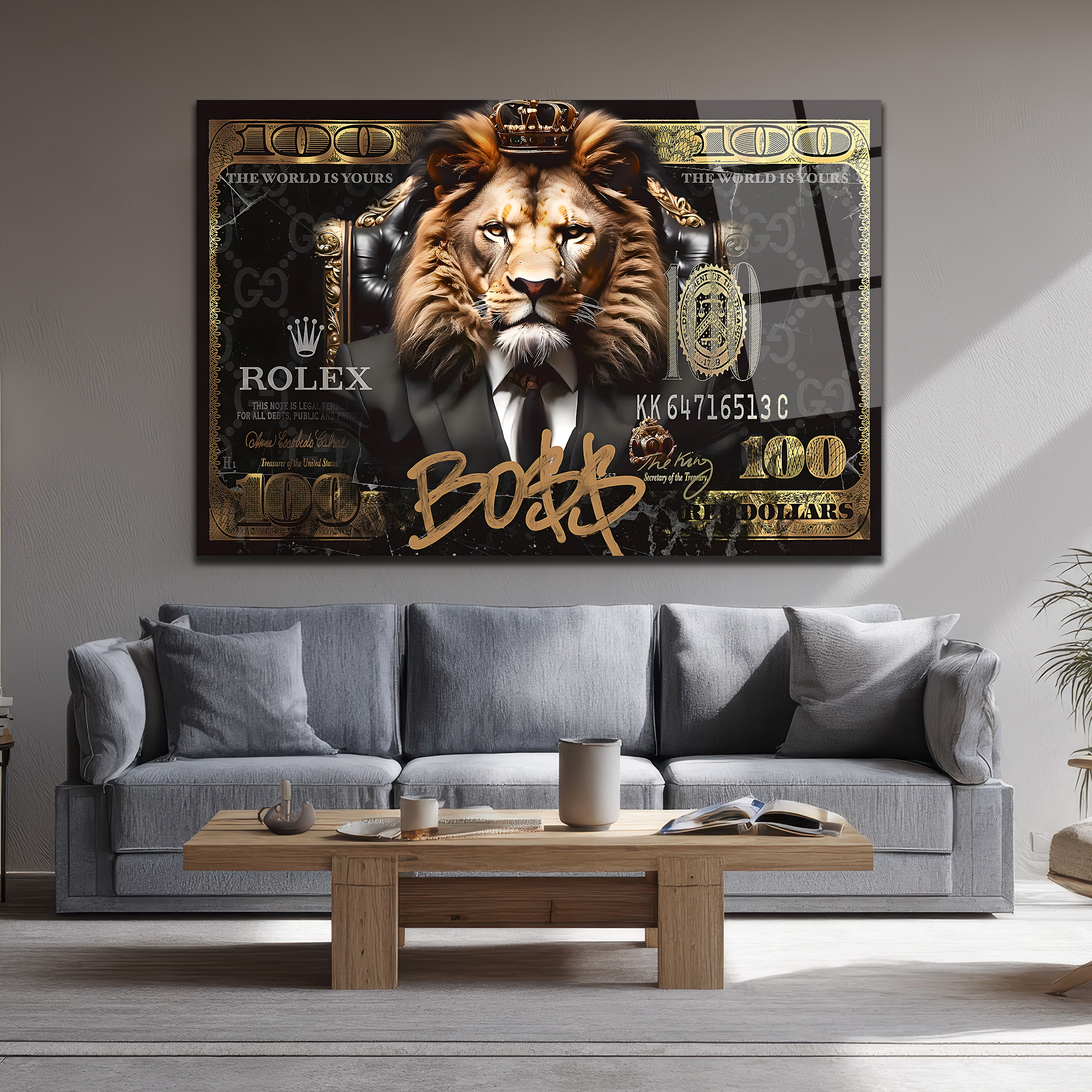 Lüks Aslan Kral Boss$ Temalı Modern Cam Tablo Duvar Dekoru Lüks Aslan Kral Boss$ Temalı Modern Cam Tablo