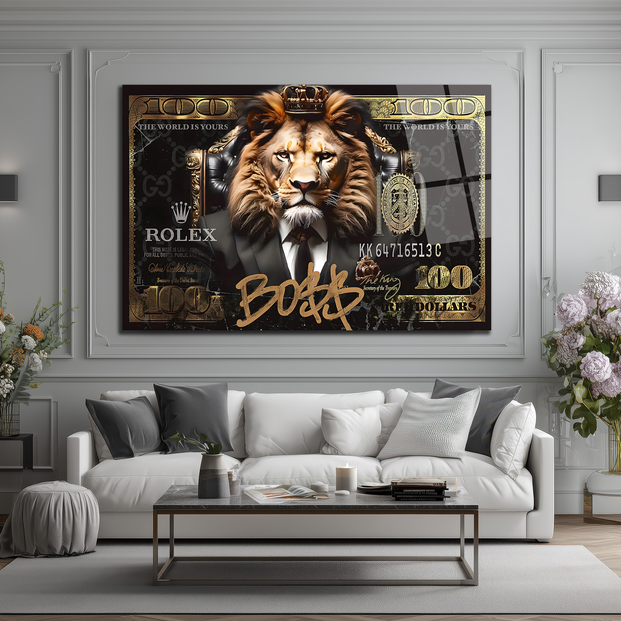 Lüks Aslan Kral Boss$ Temalı Modern Cam Tablo Duvar Dekoru Lüks Aslan Kral Boss$ Temalı Modern Cam Tablo