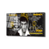 Siyah ve altın renklerde, üzerinde taç takmış Al Pacino'nun (Tony Montana) ve "The World Is Yours" yazısının bulunduğu, 100 dolarlık banknot temalı modern cam tablo.