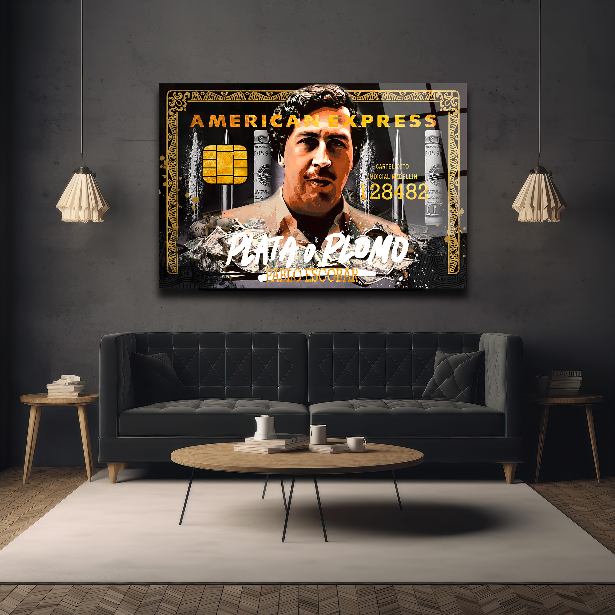 Pablo Escobar 'Plata o Plomo' American Temalı Cam Tablo Duvar Dekoru Pablo Escobar 'Plata o Plomo' American Temalı Cam Tablo