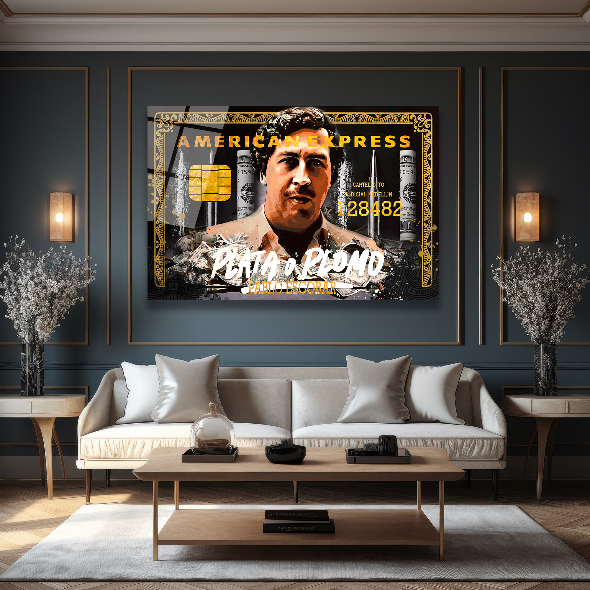 Pablo Escobar 'Plata o Plomo' American Temalı Cam Tablo Duvar Dekoru Pablo Escobar 'Plata o Plomo' American Temalı Cam Tablo