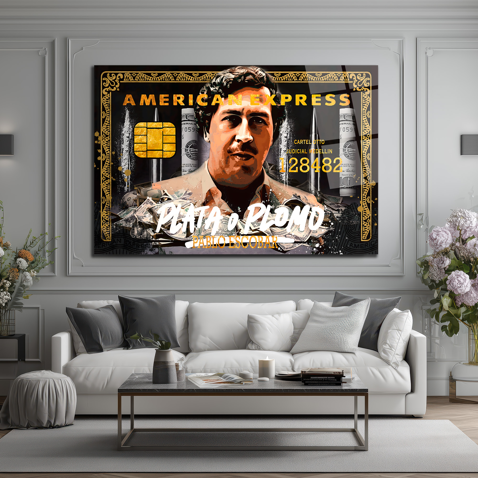 Pablo Escobar 'Plata o Plomo' American Temalı Cam Tablo Duvar Dekoru Pablo Escobar 'Plata o Plomo' American Temalı Cam Tablo