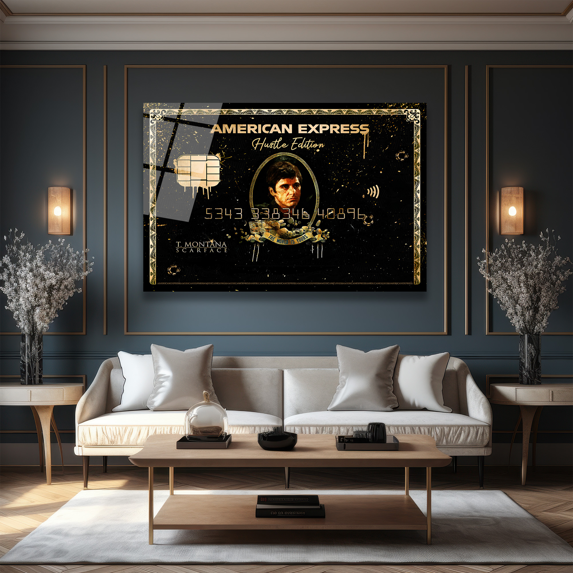Scarface Hustle Edition Amerikan Temalı Cam Tablo Duvar Dekoru Scarface Hustle Edition Amerikan Temalı Cam Tablo