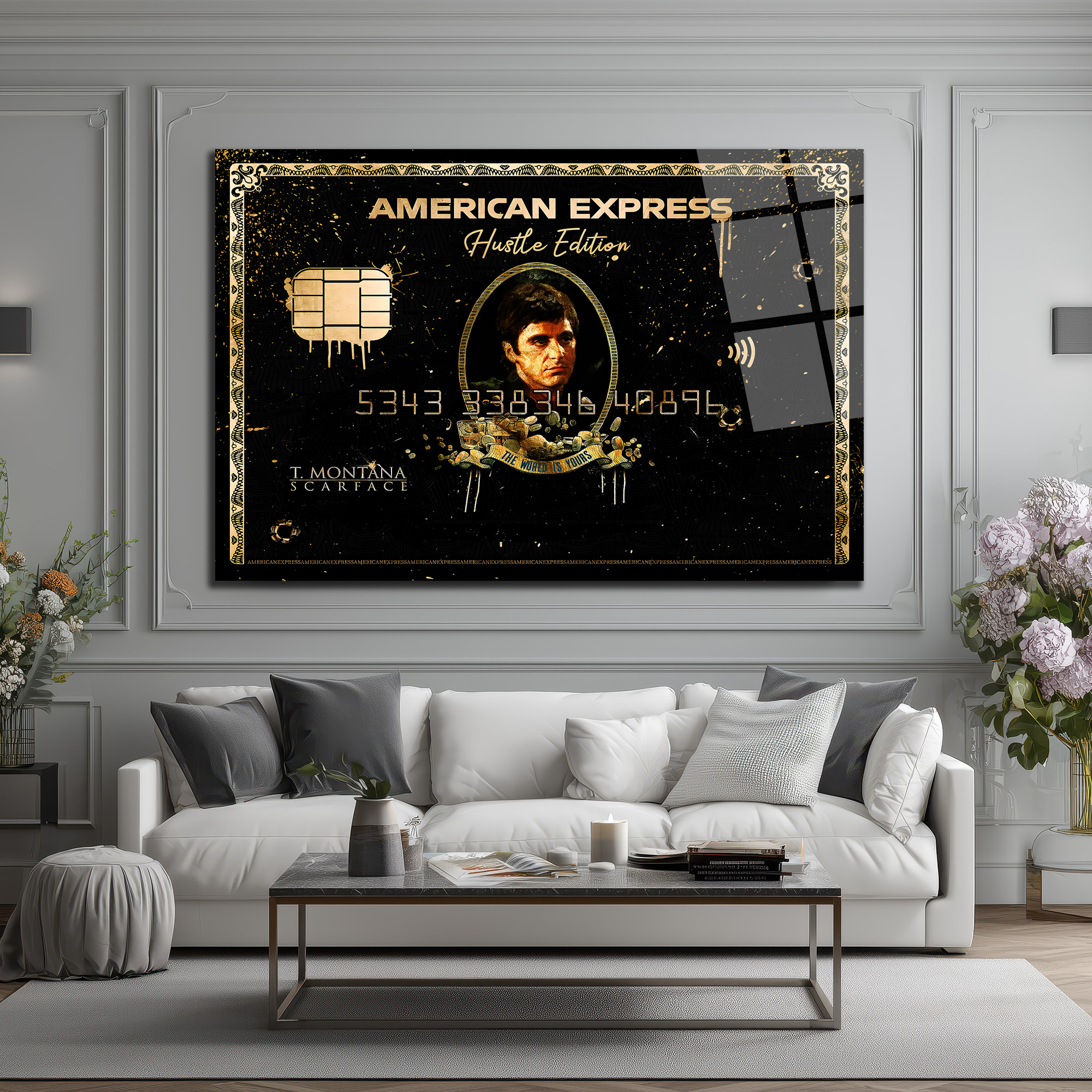 Scarface Hustle Edition Amerikan Temalı Cam Tablo Duvar Dekoru Scarface Hustle Edition Amerikan Temalı Cam Tablo