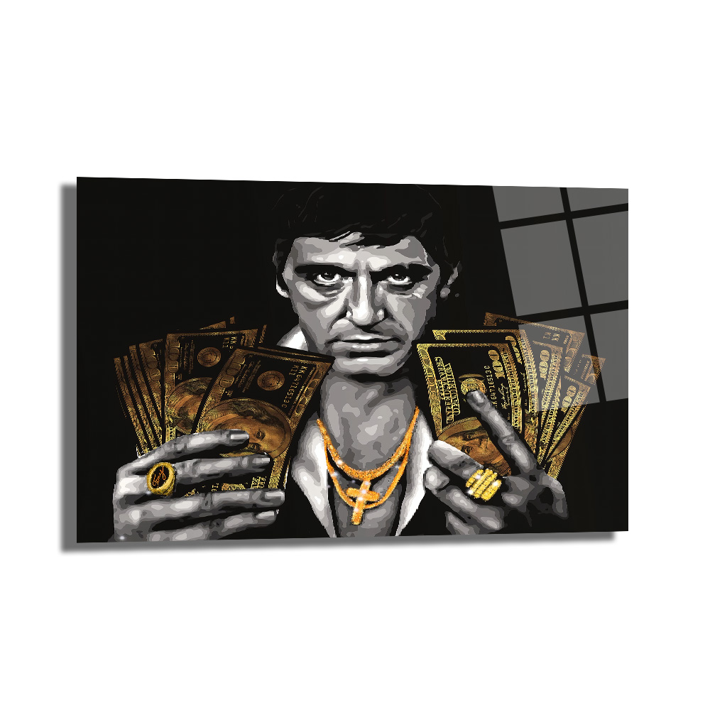Tony Montana Efsanesi Altın Detaylı Cam Tablo Duvar Dekoru Tony Montana Efsanesi Altın Detaylı Cam Tablo