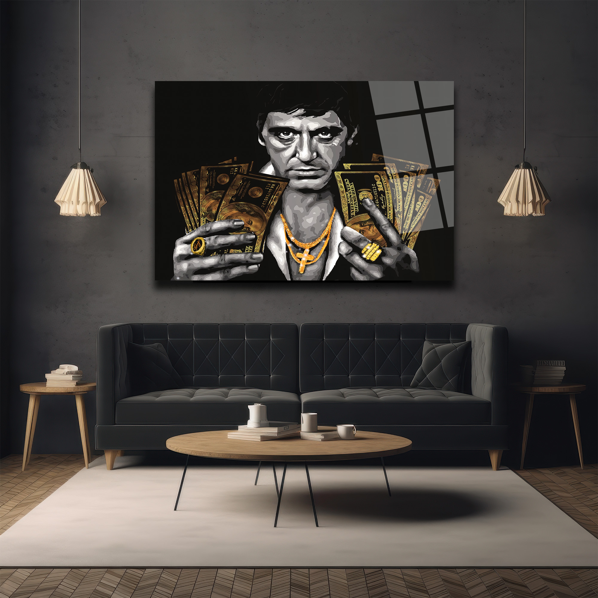 Tony Montana Efsanesi Altın Detaylı Cam Tablo Duvar Dekoru Tony Montana Efsanesi Altın Detaylı Cam Tablo