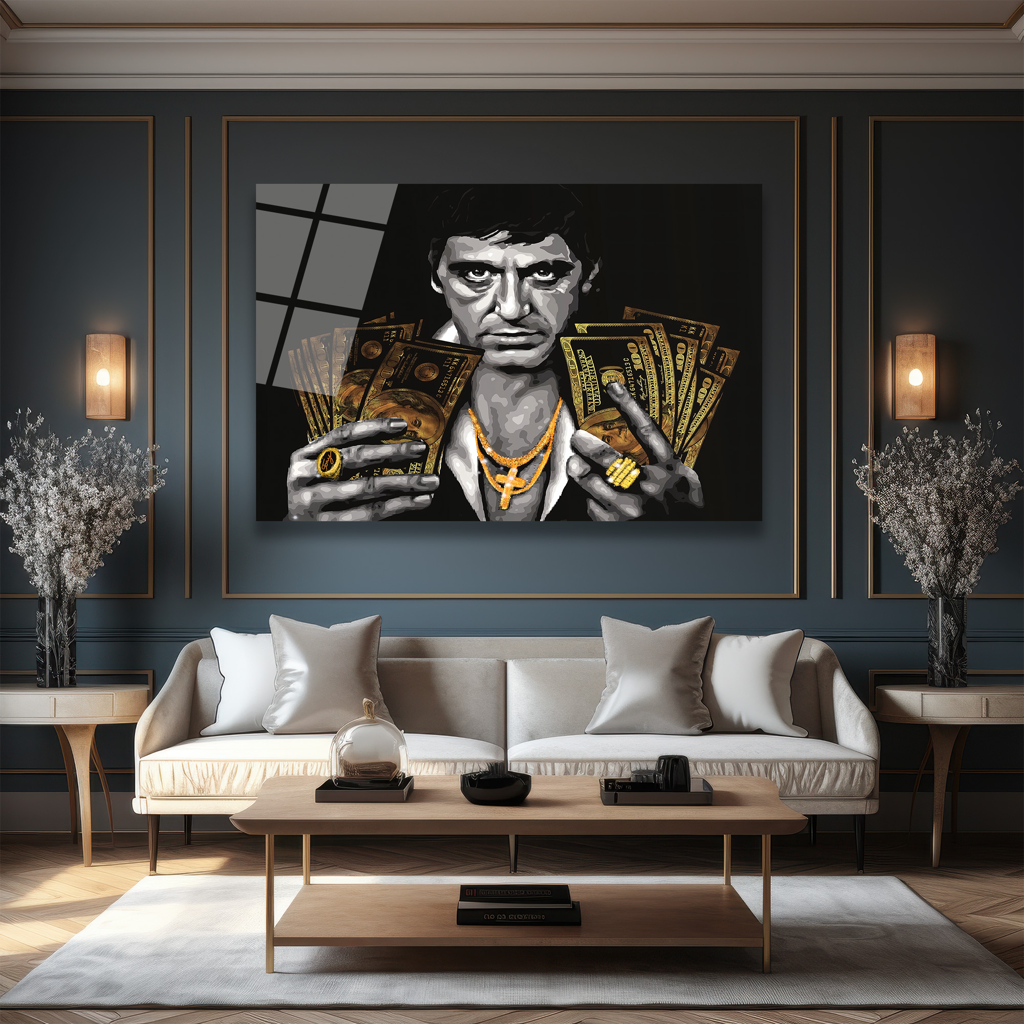 Tony Montana Efsanesi Altın Detaylı Cam Tablo Duvar Dekoru Tony Montana Efsanesi Altın Detaylı Cam Tablo