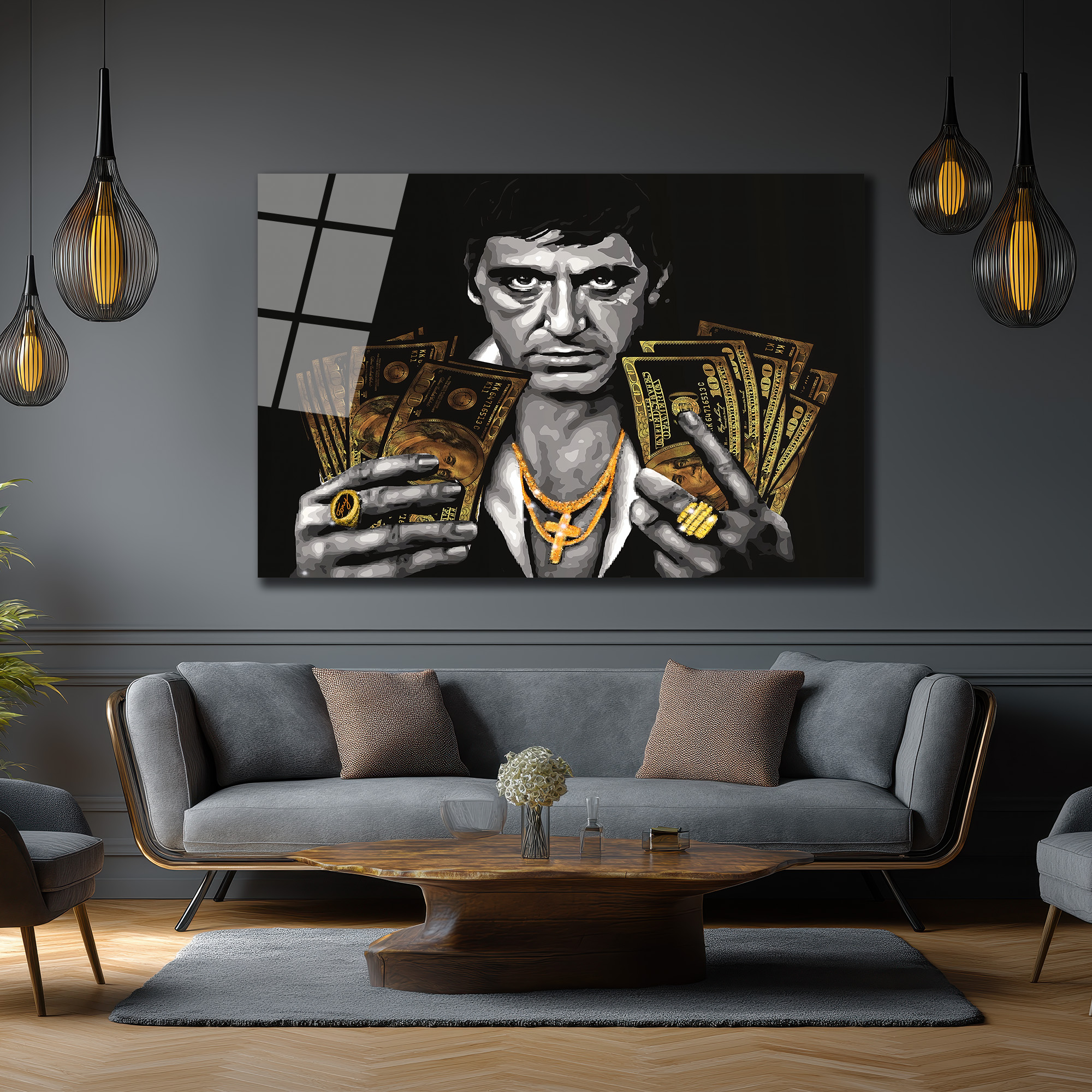 Tony Montana Efsanesi Altın Detaylı Cam Tablo Duvar Dekoru Tony Montana Efsanesi Altın Detaylı Cam Tablo