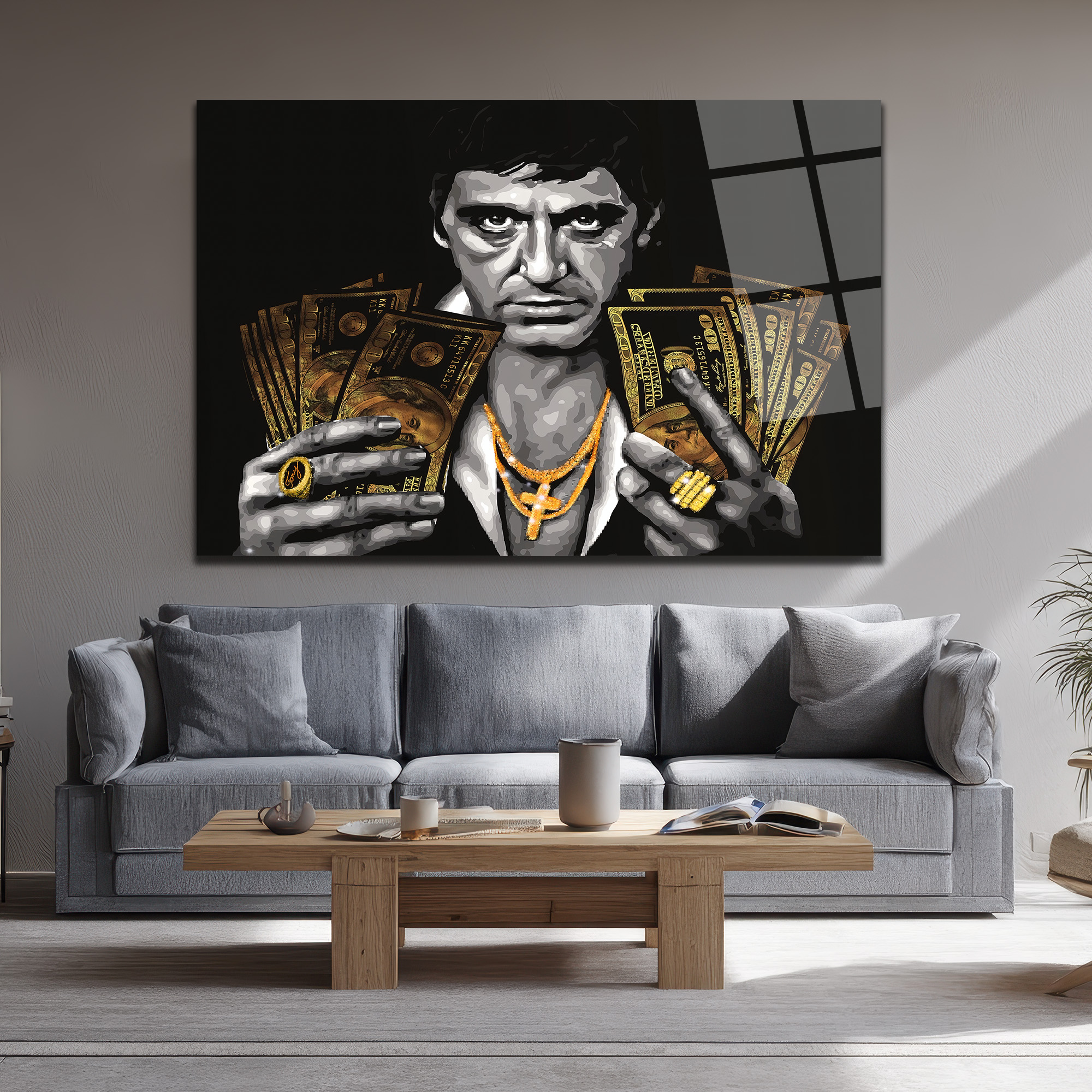 Tony Montana Efsanesi Altın Detaylı Cam Tablo Duvar Dekoru Tony Montana Efsanesi Altın Detaylı Cam Tablo