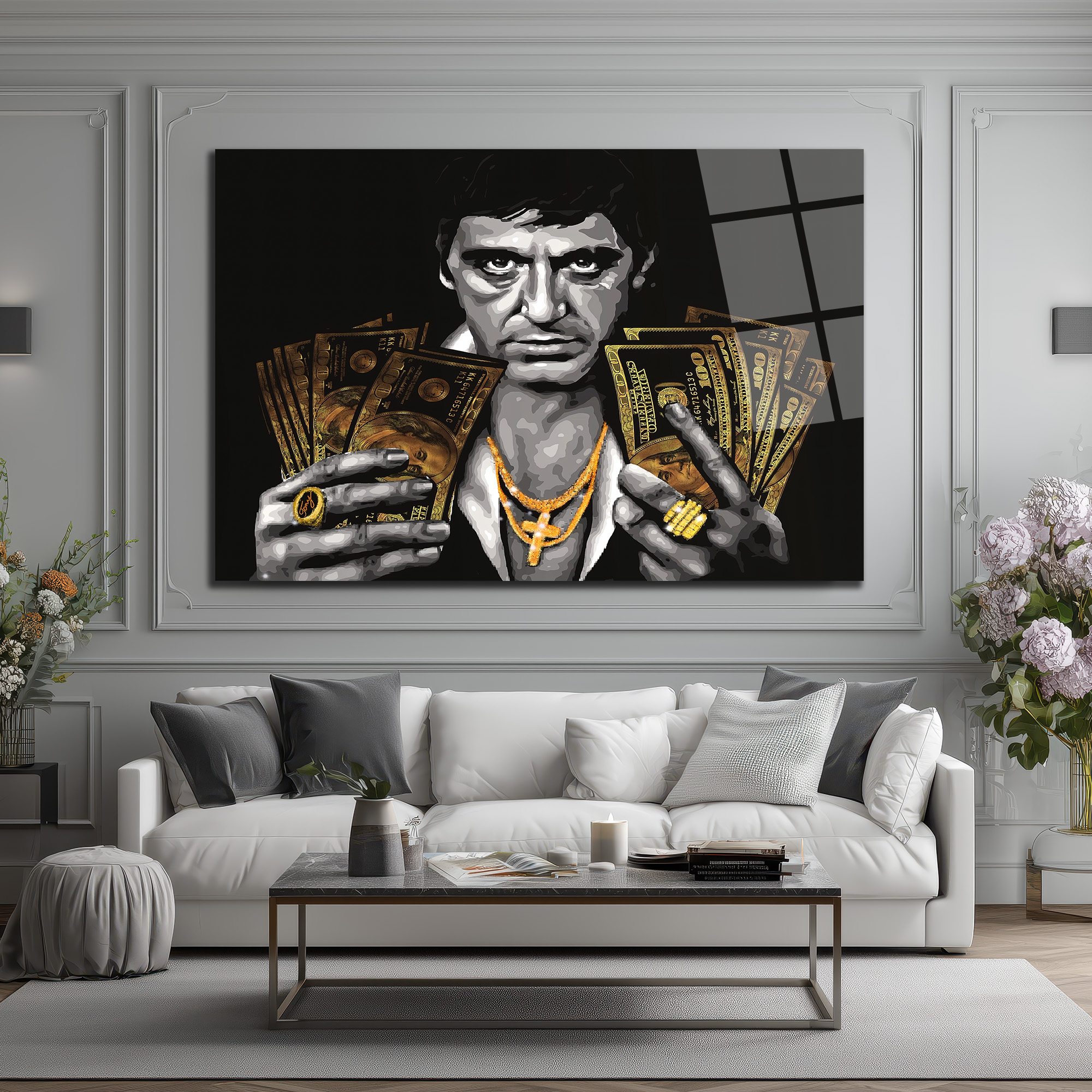 Tony Montana Efsanesi Altın Detaylı Cam Tablo Duvar Dekoru Tony Montana Efsanesi Altın Detaylı Cam Tablo