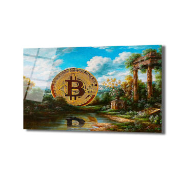 Anasayfa Duvar Dekoru Antik Roma tarzı sütun kalıntıları ve yemyeşil ağaçlarla çevrili bir nehir kenarında, klasik peyzaj tablosu içinde devasa, parlak altın renkli bir Bitcoin sembolü bulunan cam tablo. Bitcoin'in yansıması nehirde görülüyor, gökyüzü açık mavi ve bulutlu.