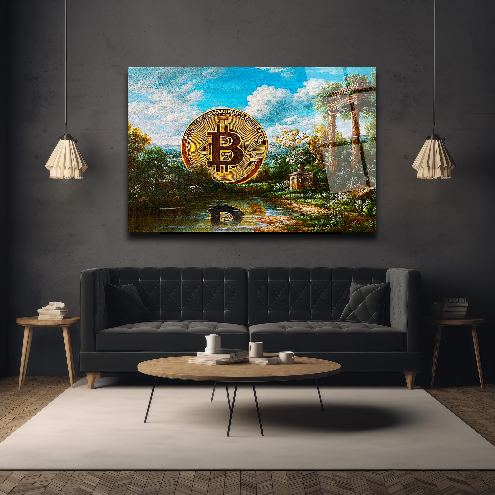 Bitcoin Antik Manzara Cam Tablo: Dijital Altın Çağı Duvar Dekoru Bitcoin Antik Manzara Cam Tablo: Dijital Altın Çağı