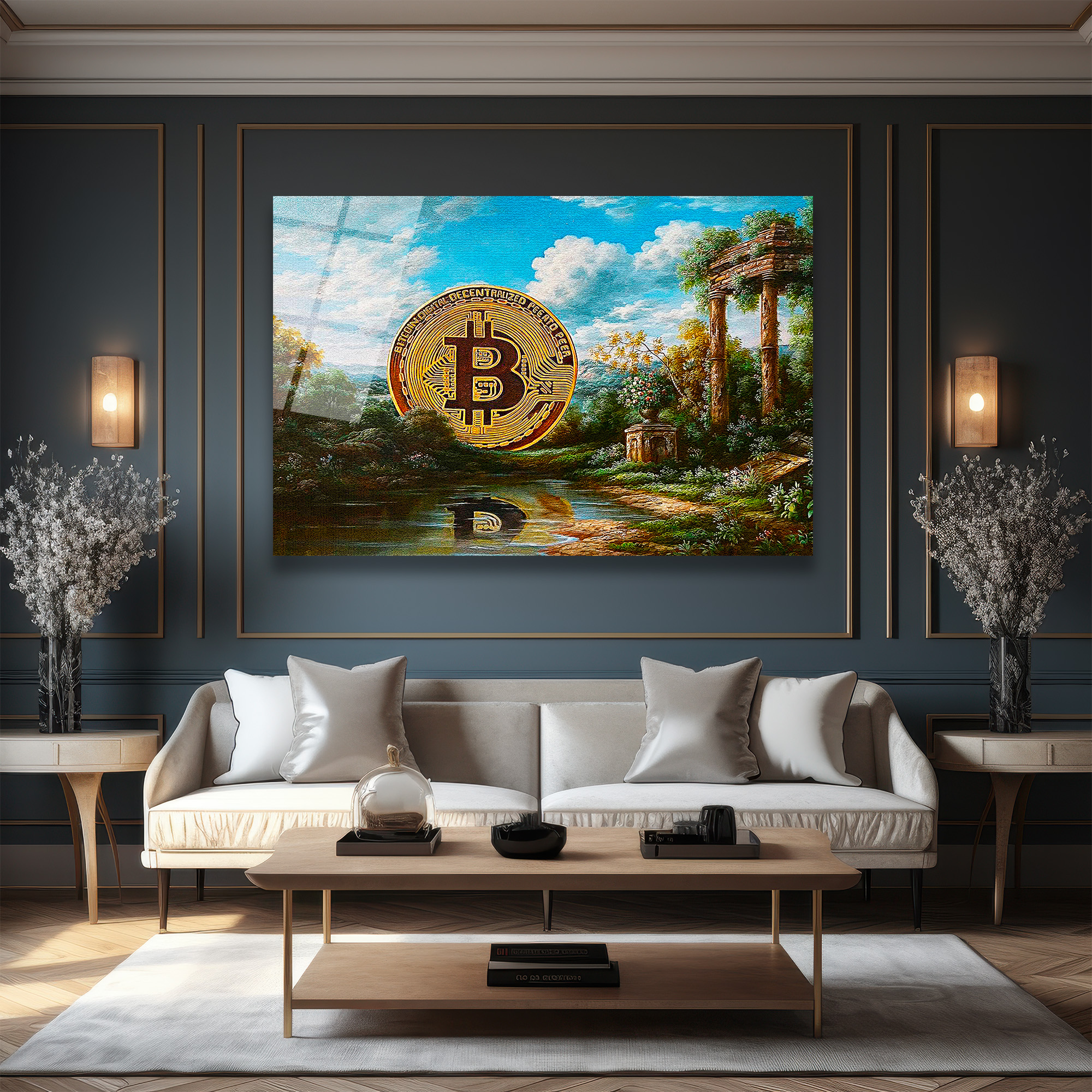 Bitcoin Antik Manzara Cam Tablo: Dijital Altın Çağı Duvar Dekoru Bitcoin Antik Manzara Cam Tablo: Dijital Altın Çağı
