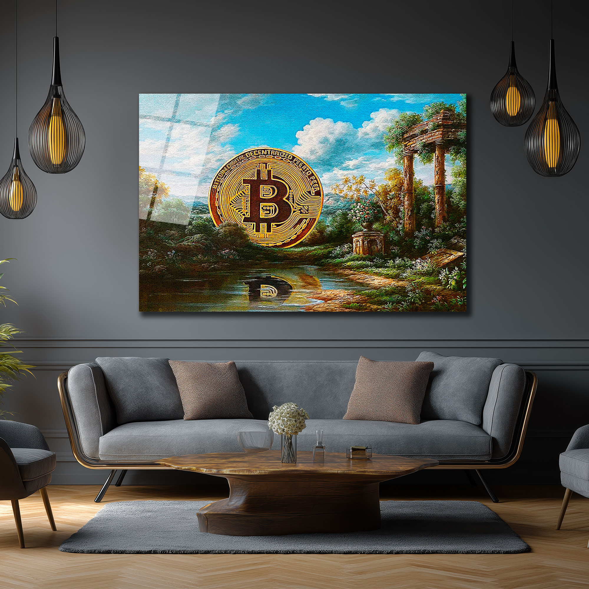 Bitcoin Antik Manzara Cam Tablo: Dijital Altın Çağı Duvar Dekoru Bitcoin Antik Manzara Cam Tablo: Dijital Altın Çağı