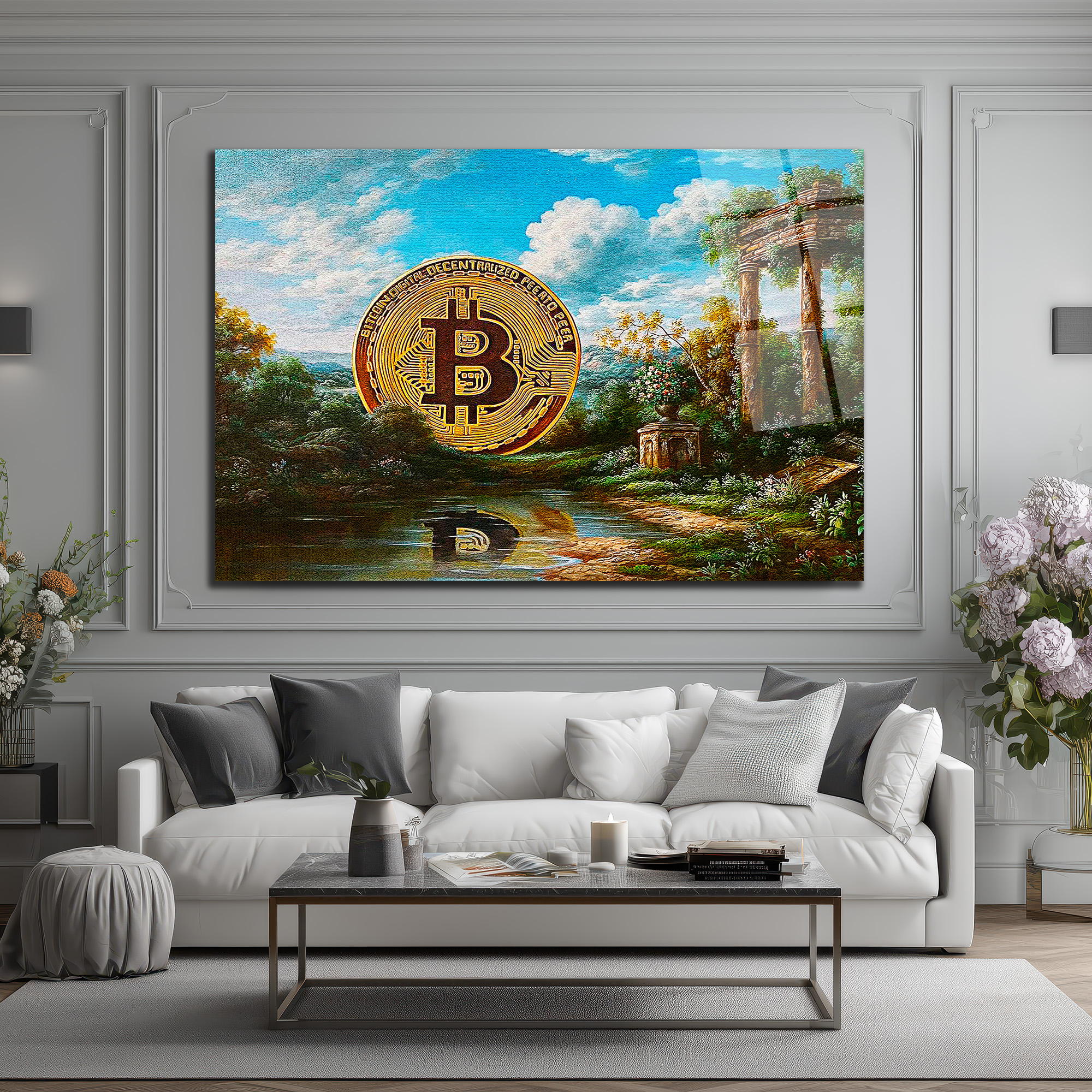 Bitcoin Antik Manzara Cam Tablo: Dijital Altın Çağı Duvar Dekoru Bitcoin Antik Manzara Cam Tablo: Dijital Altın Çağı