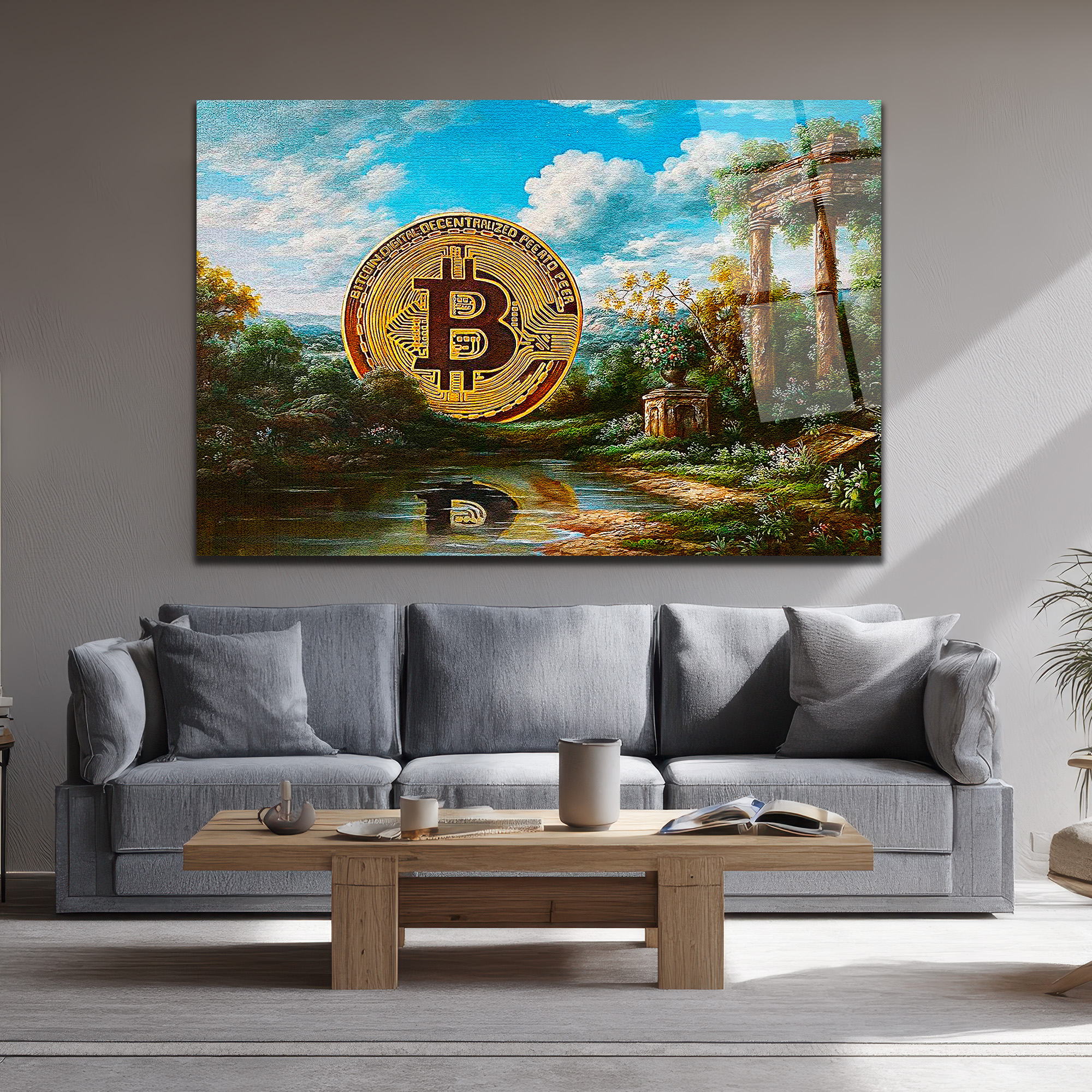 Bitcoin Antik Manzara Cam Tablo: Dijital Altın Çağı Duvar Dekoru Bitcoin Antik Manzara Cam Tablo: Dijital Altın Çağı
