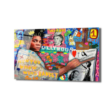 Anasayfa Duvar Dekoru Canlı renklerde, Basquiat'ın taçlı portresini ve Banksy tarzı grafiti öğelerini içeren, pop art ve sokak sanatı esintili modern bir cam tablo. Arka planda Warhol yazıları, Hollywood tabelası ve çeşitli sanatsal detaylar yer alıyor.