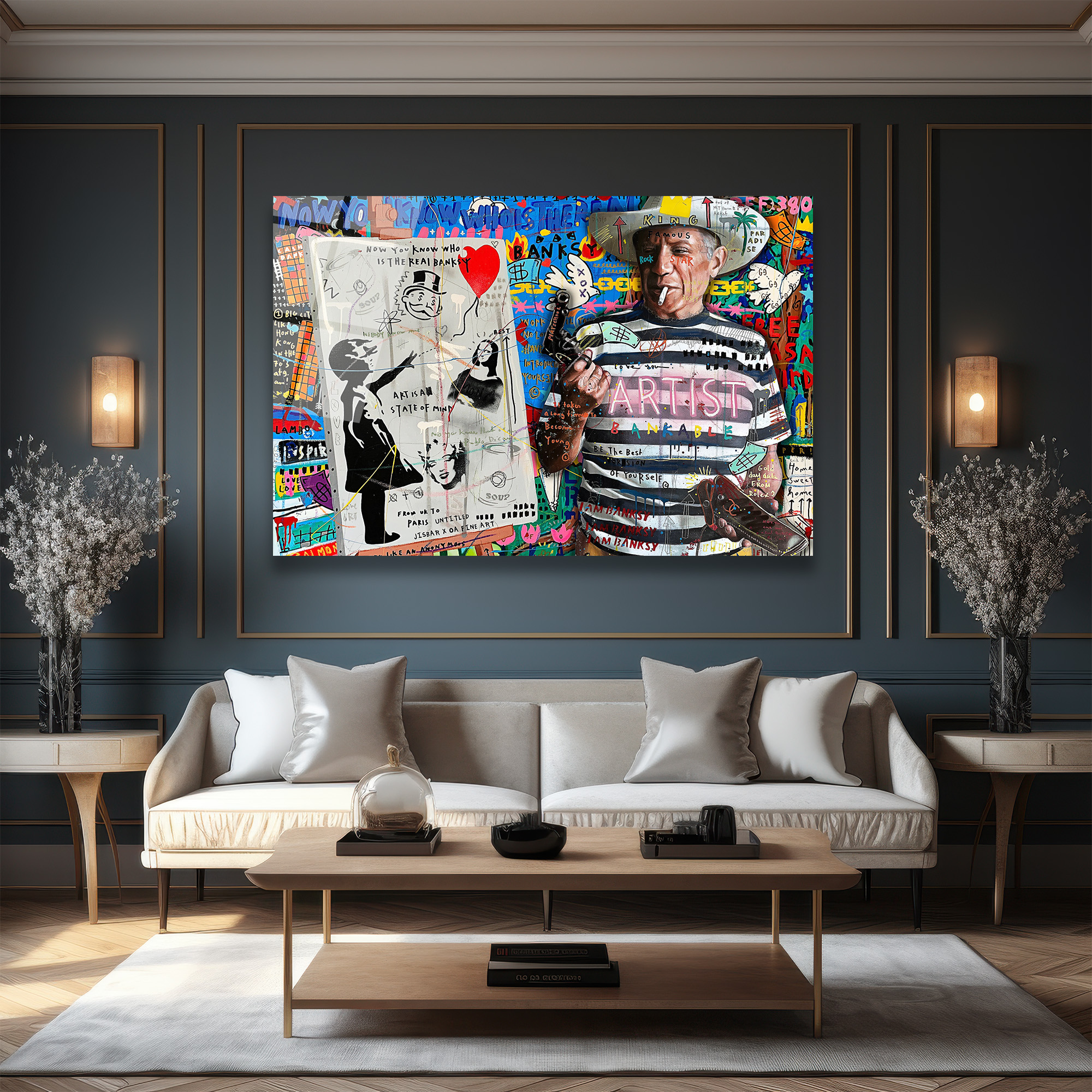 Banksy ve Picasso Esintili Asi Sanatçı Cam Tablo Duvar Dekoru Banksy ve Picasso Esintili Asi Sanatçı Cam Tablo