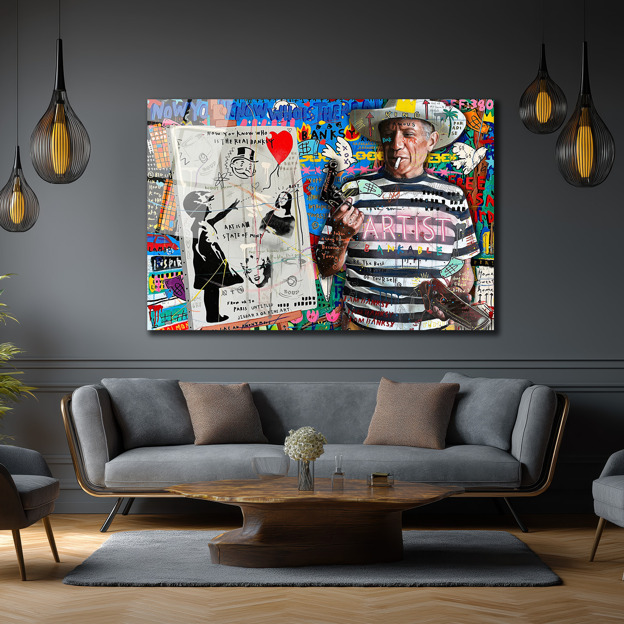 Banksy ve Picasso Esintili Asi Sanatçı Cam Tablo Duvar Dekoru Banksy ve Picasso Esintili Asi Sanatçı Cam Tablo