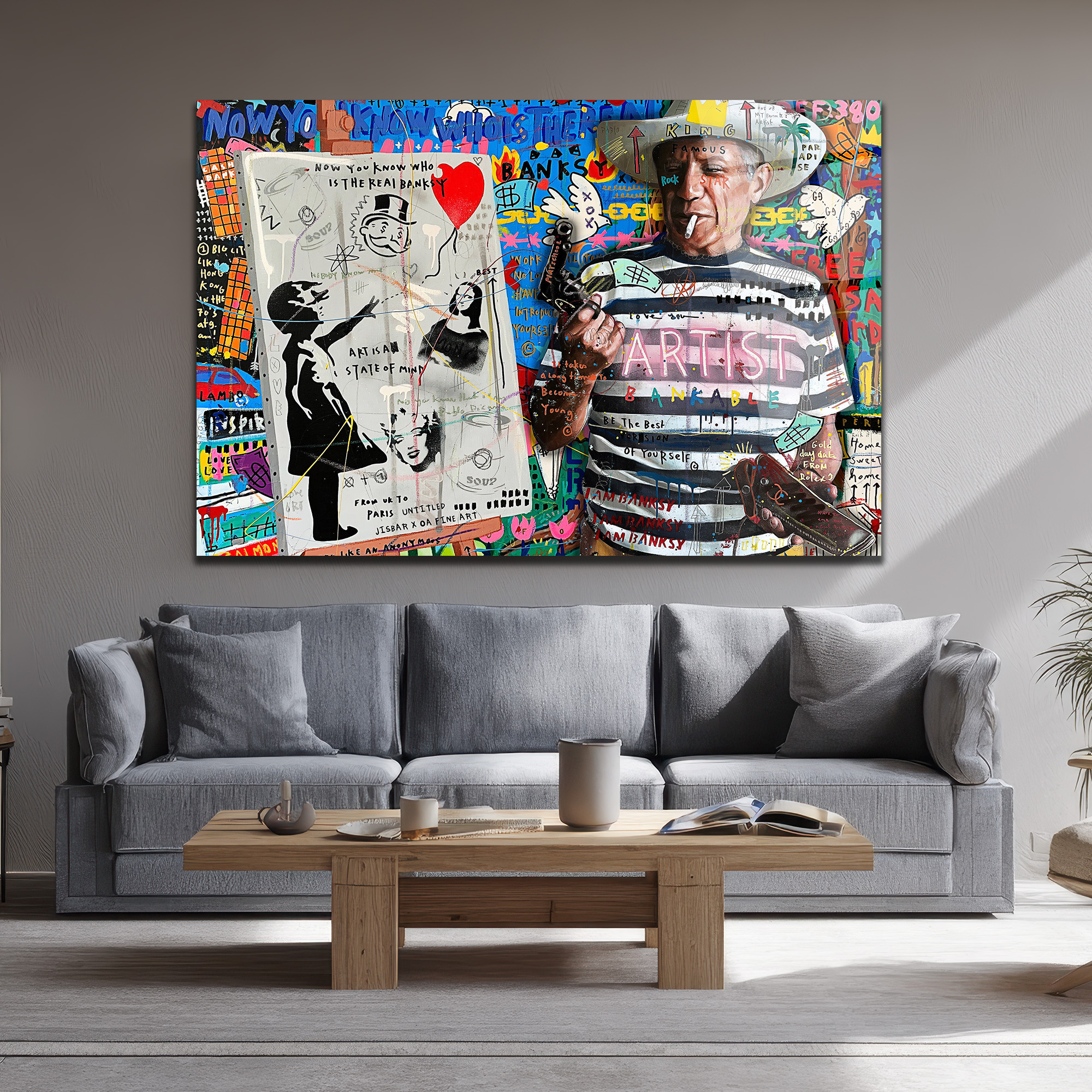 Banksy ve Picasso Esintili Asi Sanatçı Cam Tablo Duvar Dekoru Banksy ve Picasso Esintili Asi Sanatçı Cam Tablo