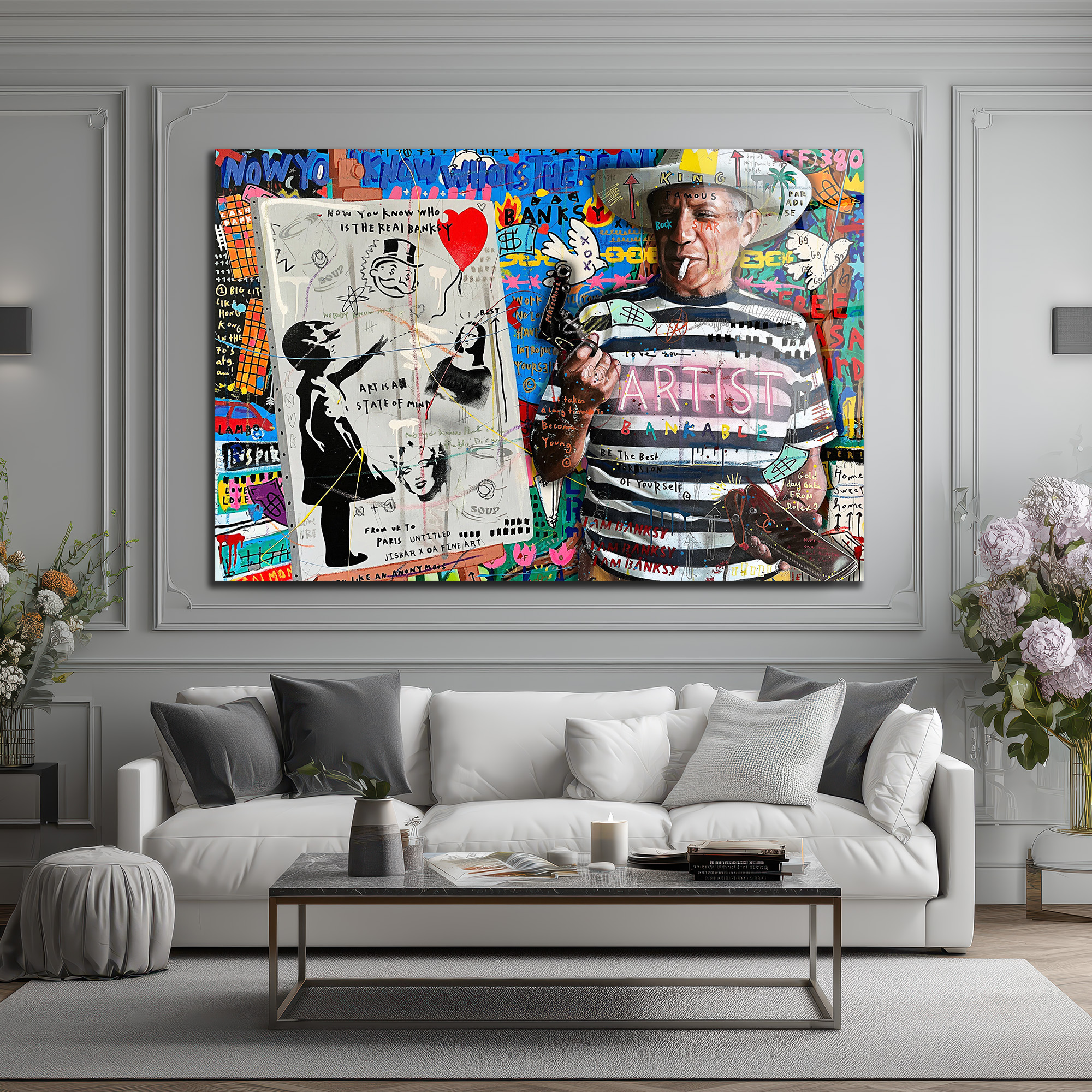 Banksy ve Picasso Esintili Asi Sanatçı Cam Tablo Duvar Dekoru Banksy ve Picasso Esintili Asi Sanatçı Cam Tablo