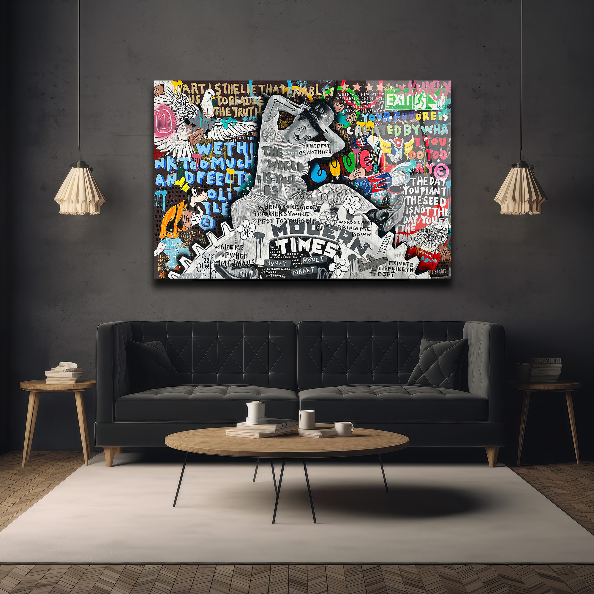 Modern Zamanlar Street Art Cam Tablo - Şehir Ruhu ve Düşünceler Duvar Dekoru Modern Zamanlar Street Art Cam Tablo - Şehir Ruhu ve Düşünceler