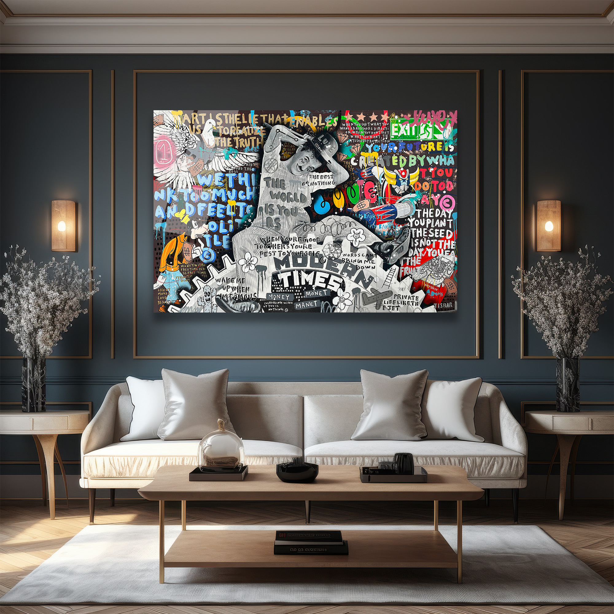 Modern Zamanlar Street Art Cam Tablo - Şehir Ruhu ve Düşünceler Duvar Dekoru Modern Zamanlar Street Art Cam Tablo - Şehir Ruhu ve Düşünceler