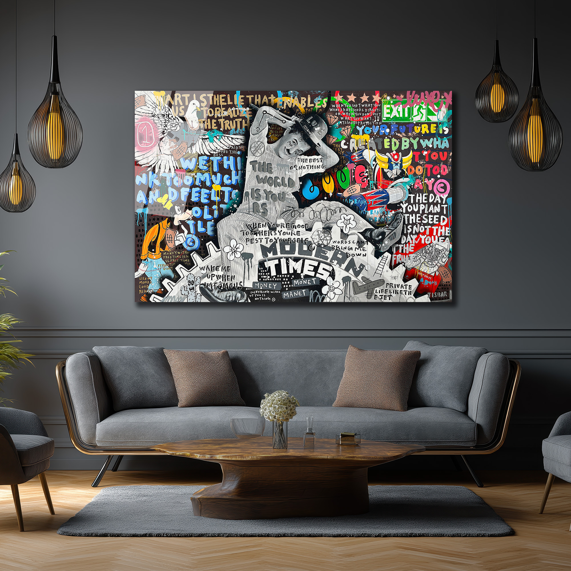 Modern Zamanlar Street Art Cam Tablo - Şehir Ruhu ve Düşünceler Duvar Dekoru Modern Zamanlar Street Art Cam Tablo - Şehir Ruhu ve Düşünceler