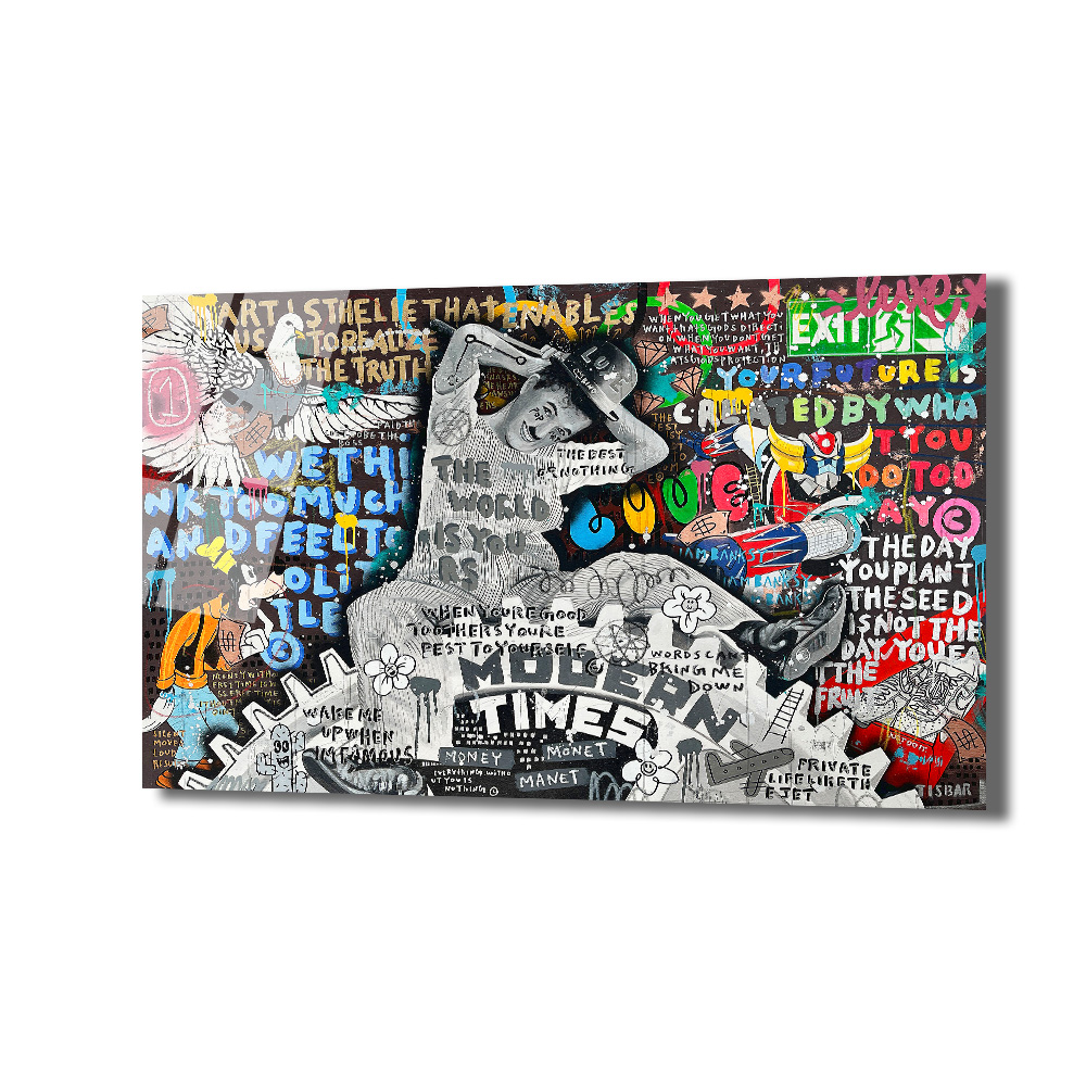 Modern Zamanlar Street Art Cam Tablo - Şehir Ruhu ve Düşünceler Duvar Dekoru Siyah, beyaz ve canlı renklerin hakim olduğu, Charlie Chaplin benzeri bir figürün ve çeşitli yazıların bulunduğu modern street art tarzı cam tablo. Üzerinde 'Modern Times', 'The World Is Yours' gibi mesajlar ve çizgi film karakterleri yer alıyor.