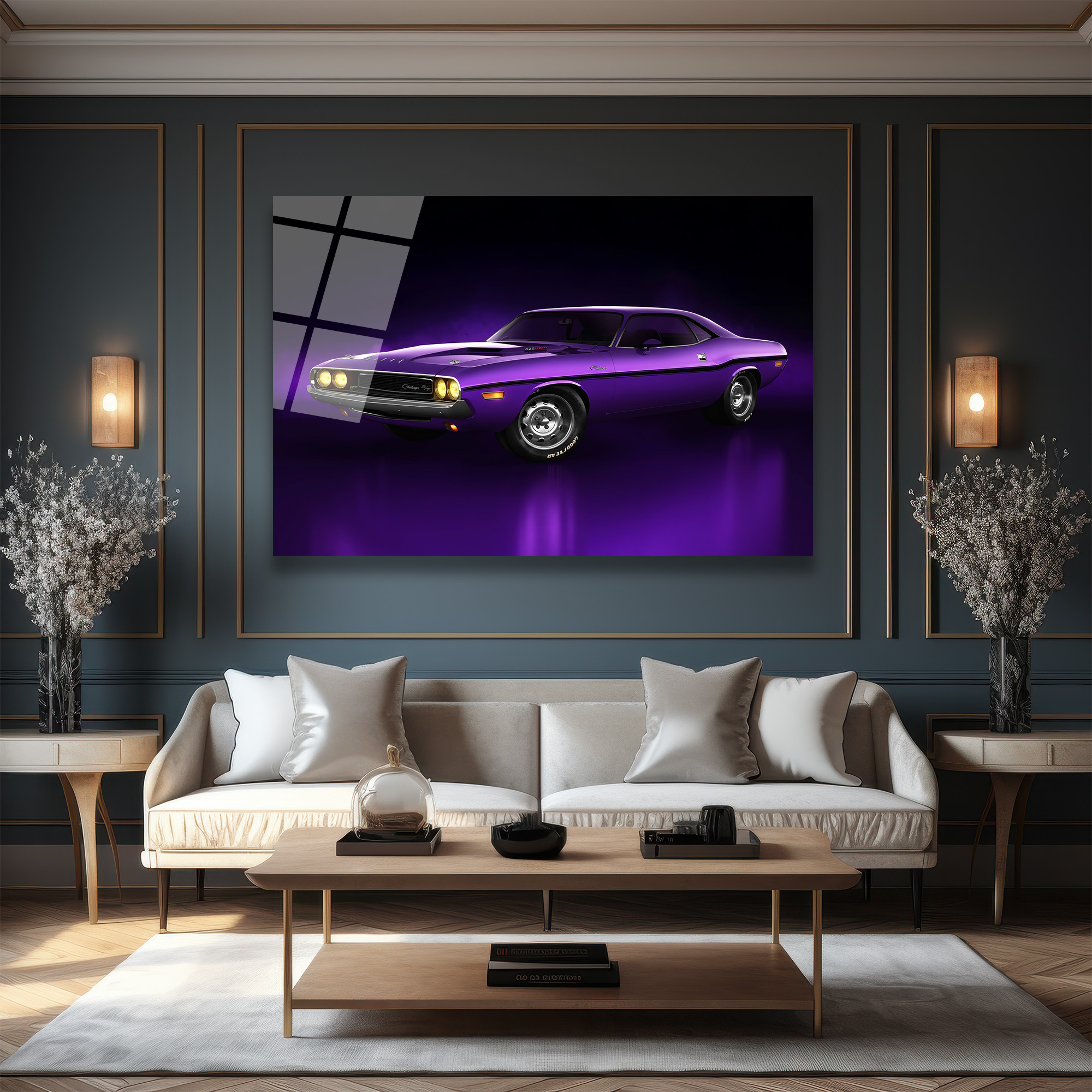 Efsanevi Mor Dodge Challenger Cam Tablo Duvar Dekoru Efsanevi Mor Dodge Challenger Cam Tablo