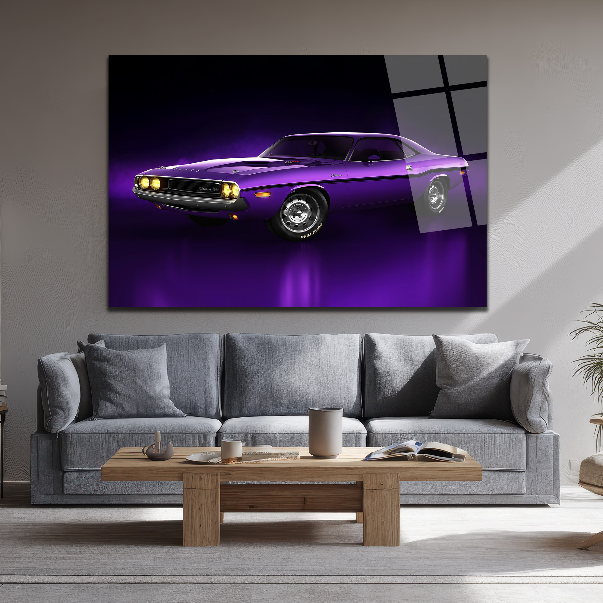 Efsanevi Mor Dodge Challenger Cam Tablo Duvar Dekoru Efsanevi Mor Dodge Challenger Cam Tablo