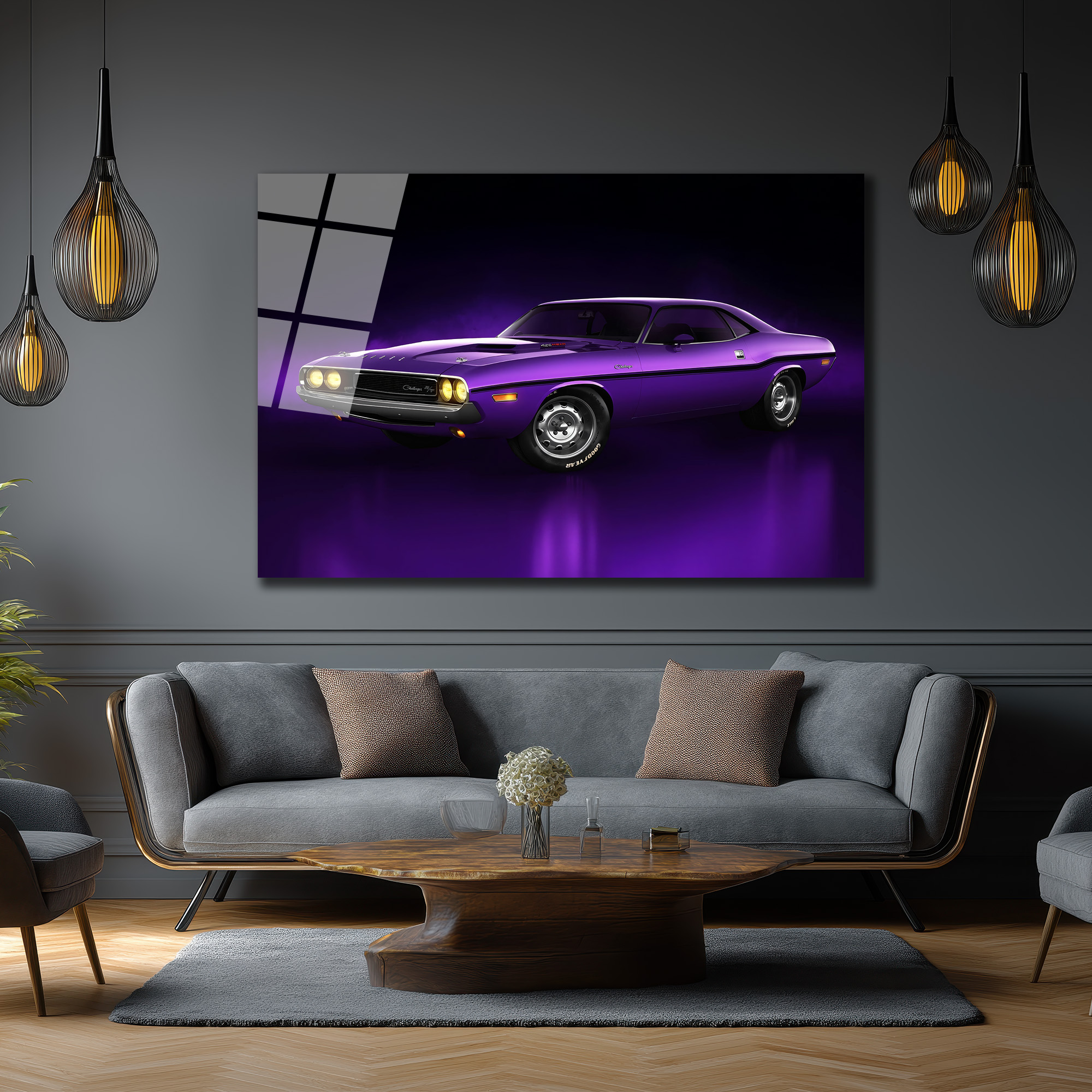 Efsanevi Mor Dodge Challenger Cam Tablo Duvar Dekoru Efsanevi Mor Dodge Challenger Cam Tablo