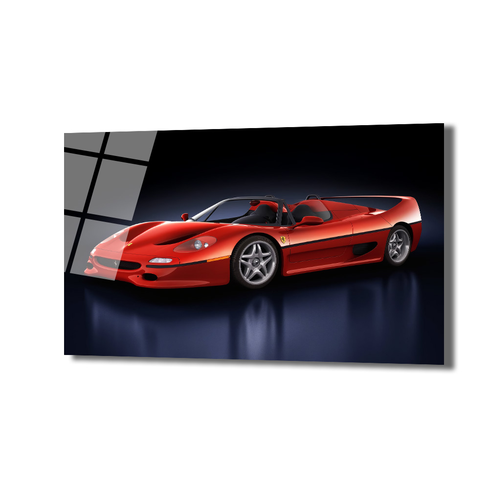 Ferrari F50 Efsanesi Kırmızı Süper Araba Cam Tablo Duvar Dekoru Koyu lacivert yansıtıcı bir zeminde, siyah arka plan önünde duran parlak kırmızı renkte, üstü açık bir Ferrari F50 süper spor araba.